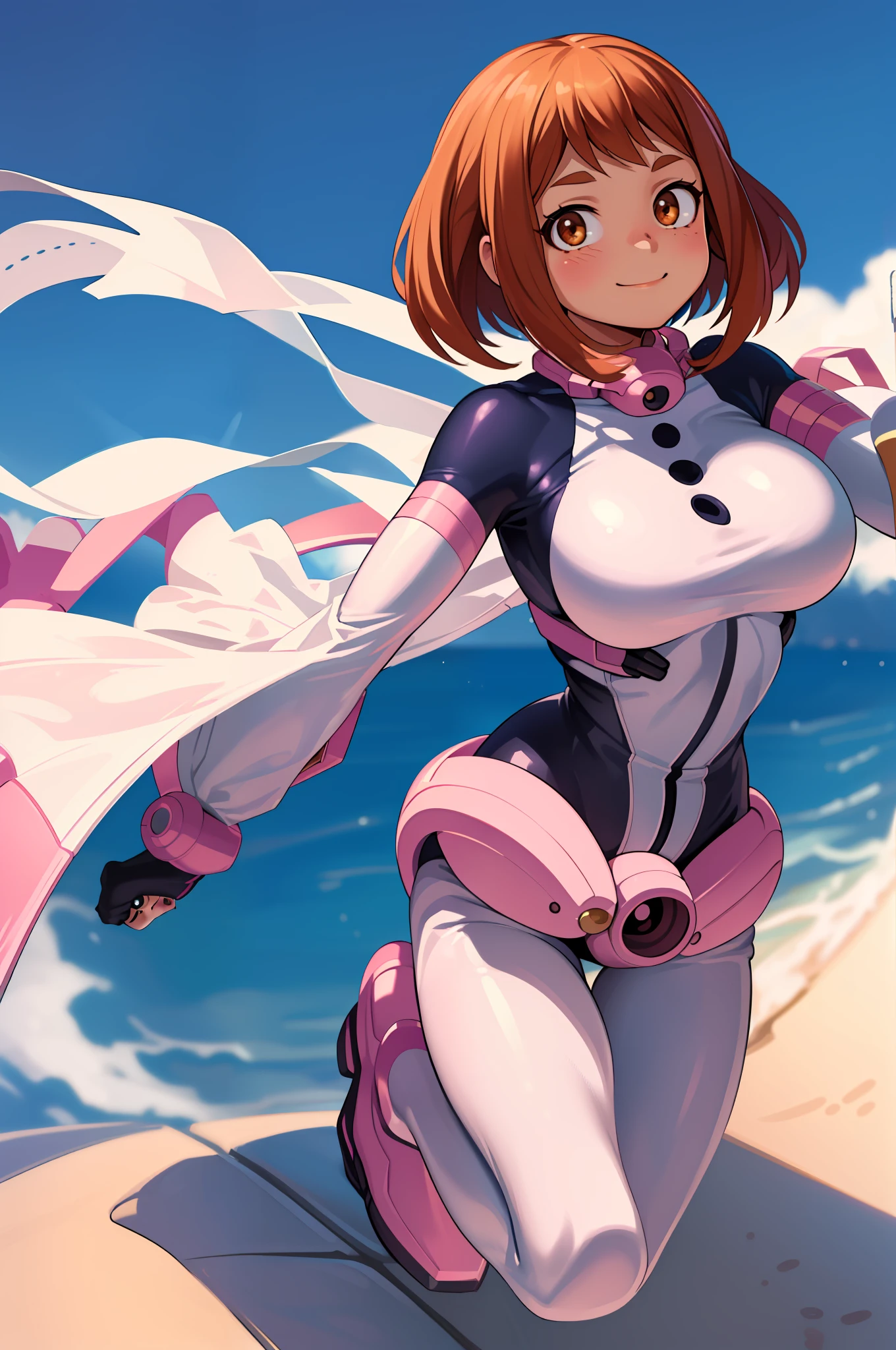 ((masterpiece, best quality;1.3)), ultra detailed, detailed background, 1girl, solo, smile,   bodysuit,ochaco uraraka, looking at viewer, large breast,pink suits, hero suit,
school background, zero gravity,realistic, flying from above, fron pose, sexy pose, nice ass