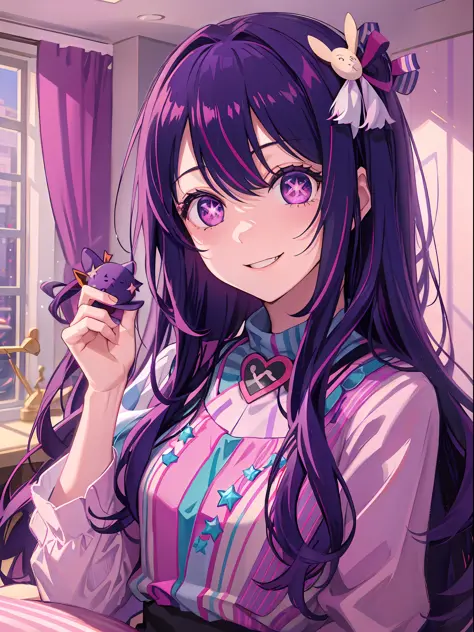 Ai Hoshino, long hair, purple hair, striped hair, purple eyes, star-shaped eyes, hair ornament, smile, mischievous face, (pink cute room),