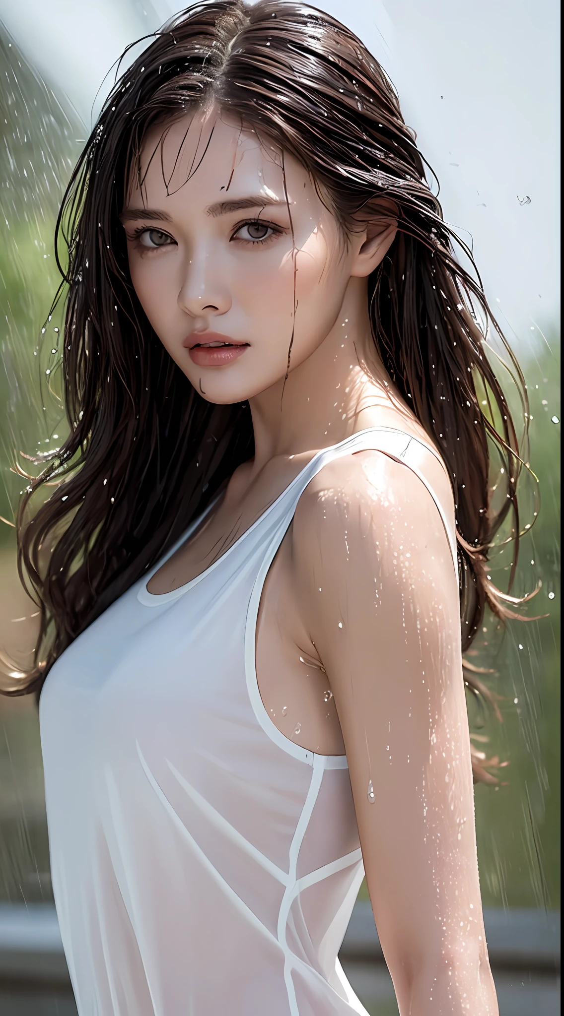 (Top Quality, 4k, Masterpiece: 1.3), Beauty, 1 Girl, Sexy: 1.1, Dark Brown Hair: 1.1, (Rain-wet, Rain-soaked, Wet Body: 1.2), White Tank Top, Ultra-Detailed Face, Detailed Lips, Detailed Eyes, Double Eyelids, Ass Viewer