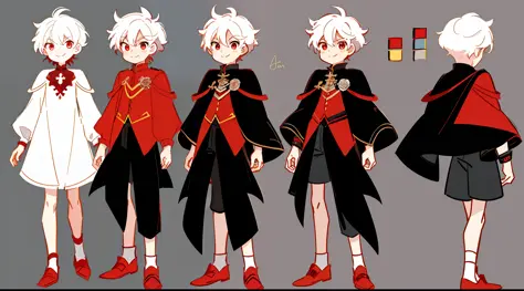 Reference sheet of a cute boy, short white hair, red eyes, smiling, black prince outfit with short shorts, red rose on chest, detailed face, detailed hair, simple background, concept art, character concept art, character sketch, reference sheet, character ...