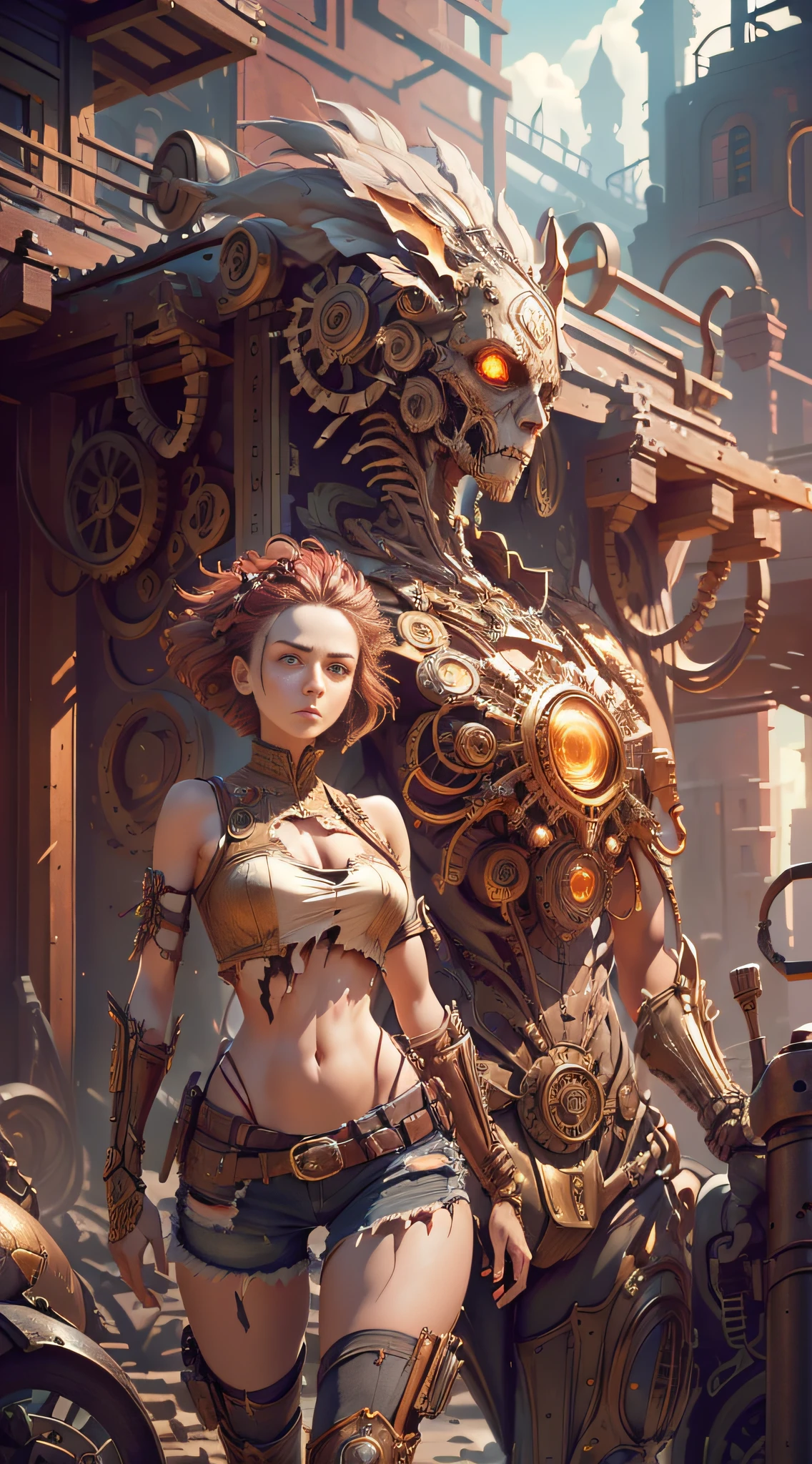 (((1 woman))), (anatomically correct), ((hands on head))), short hair, (((torn clothes))), (red glowing eyes))), broken headdress, extremely detailed face, looking up at the lens, ((panorama)), gray sky, best quality, ultra-detailed color, battlefield, city ruins, broken buildings, damaged machinery, perfect composition, best elaboration, (Golden ratio: 1.2), HDR, dramatic, cinematic lighting, huge details, masterpiece, (realism: 1.4), absurdity, cinema lighting, surrealism, steampunk, intricate design, extremely detailed, exquisite details,