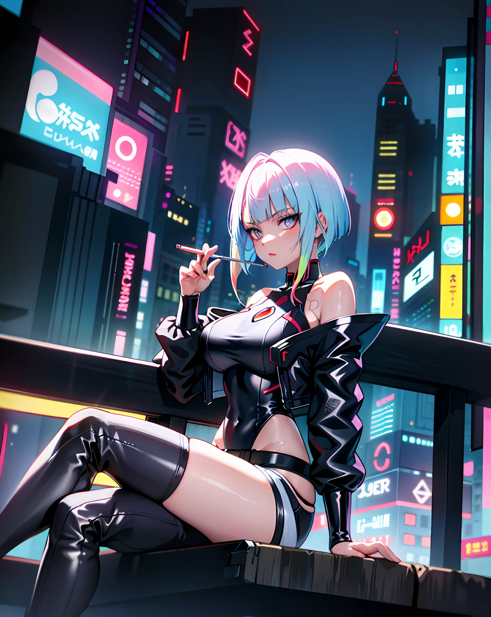 masterpiece, best quality, highres, lu1, cyborg, multicolored hair, makeup, bare shoulders, black leotard, highleg leotard, (thong:1.1), white jacket, open jacket, belt, shorts, lucy \(cyberpunk\) sitting a bench in a city,crossing legs, holding,,holding, holding cigarette between fingers, anime cyberpunk art, digital cyberpunk - anime art, seductive anime girl art, female cyberpunk anime girl,   Looking at the viewer, city, full moon, night