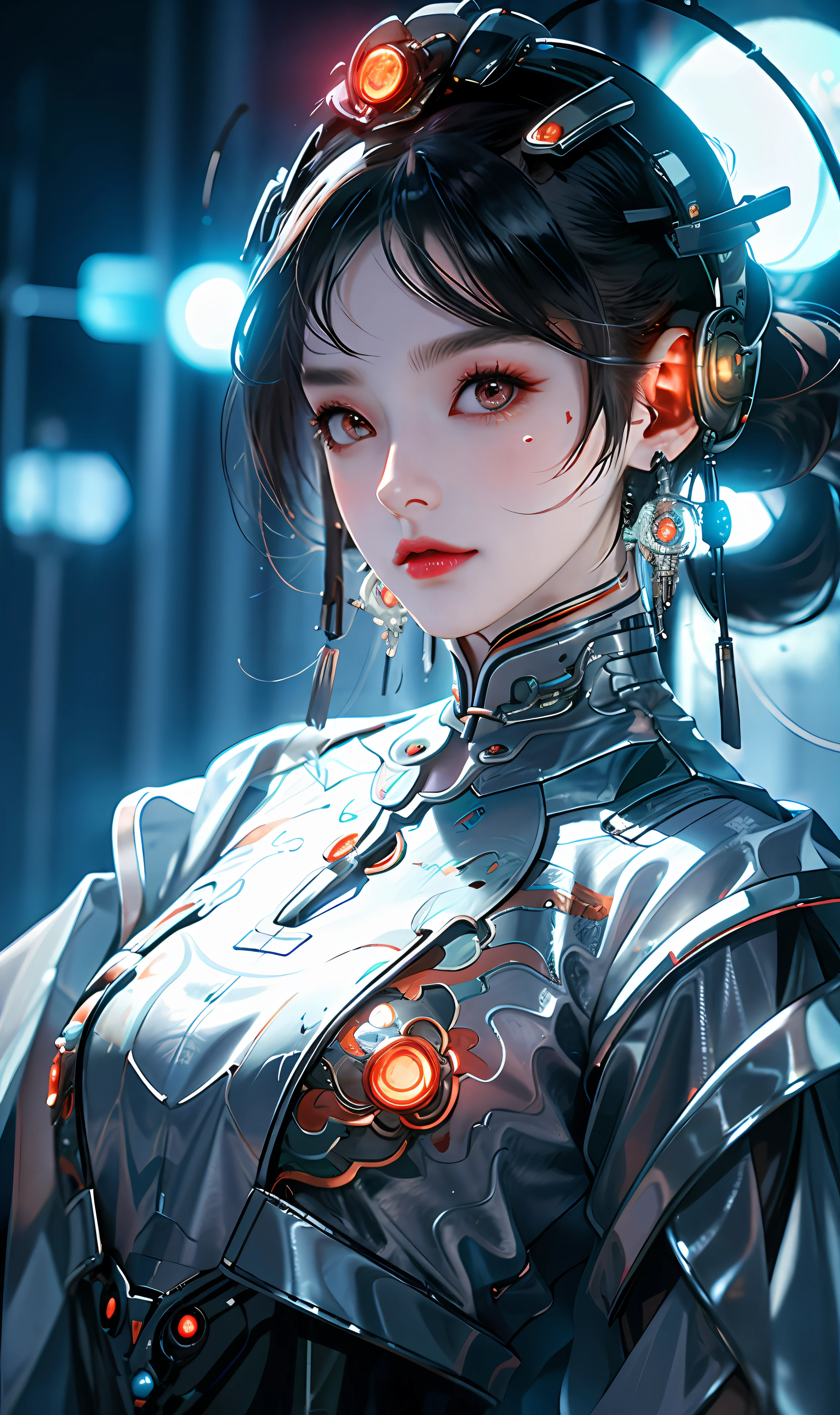 1 girl, Chinese_clothes, liquid silver and orange, cyberhan, cheongsam, cyberpunk city, dynamic pose, detailed luminous headphones, glowing hair accessories, long hair, glowing earrings, glowing necklace, cyberpunk, high-tech city, full of mechanical and futuristic elements, futuristic, technology, glowing neon, orange, orange light, transparent tulle, transparent streamers, laser, digital background urban sky, big moon, with vehicles, best quality, masterpiece, 8K, character edge light, Super high detail, high quality, the most beautiful woman in human beings, micro smile, face facing front and left and right symmetry, ear decoration, beautiful pupils, light effects, visual data, silver white hair, super detail facial texture