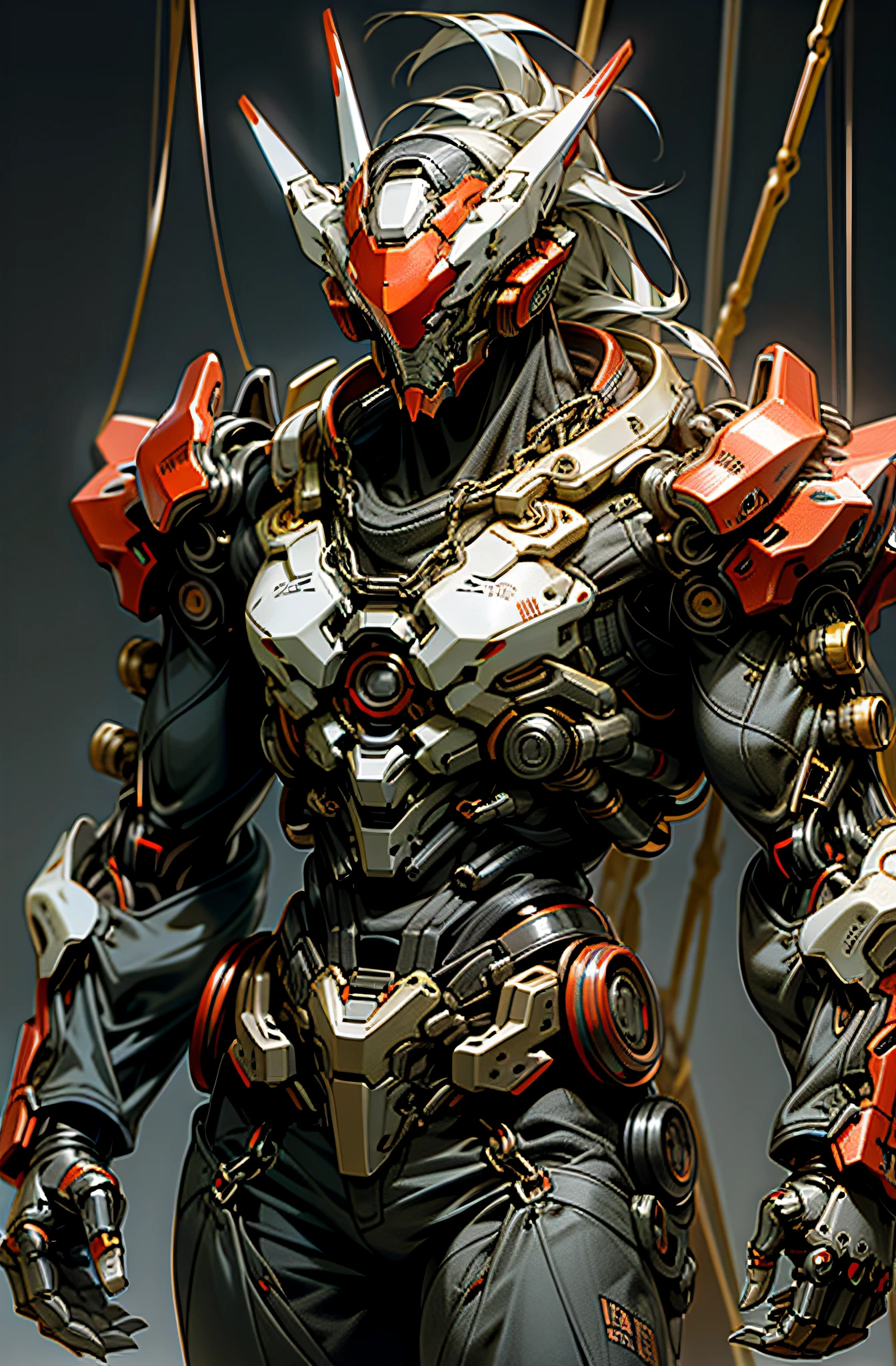 Dark_Fantasy,Cyberpunk,(chain saw,chain saw man,Red:1.1),1man,Mechanical marvel,Robotic presence,Cybernetic guardian,