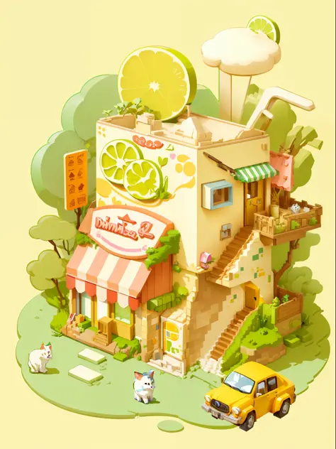 Masterpiece, best quality, cartoon, 3D, illustration of a cat on it, small shop of a building and car with the exterior of lemon yogurt pack, three-story with roof, cute detailed digital art, inspired by Yanagawa Shinda, cute illustration, isometric illust...