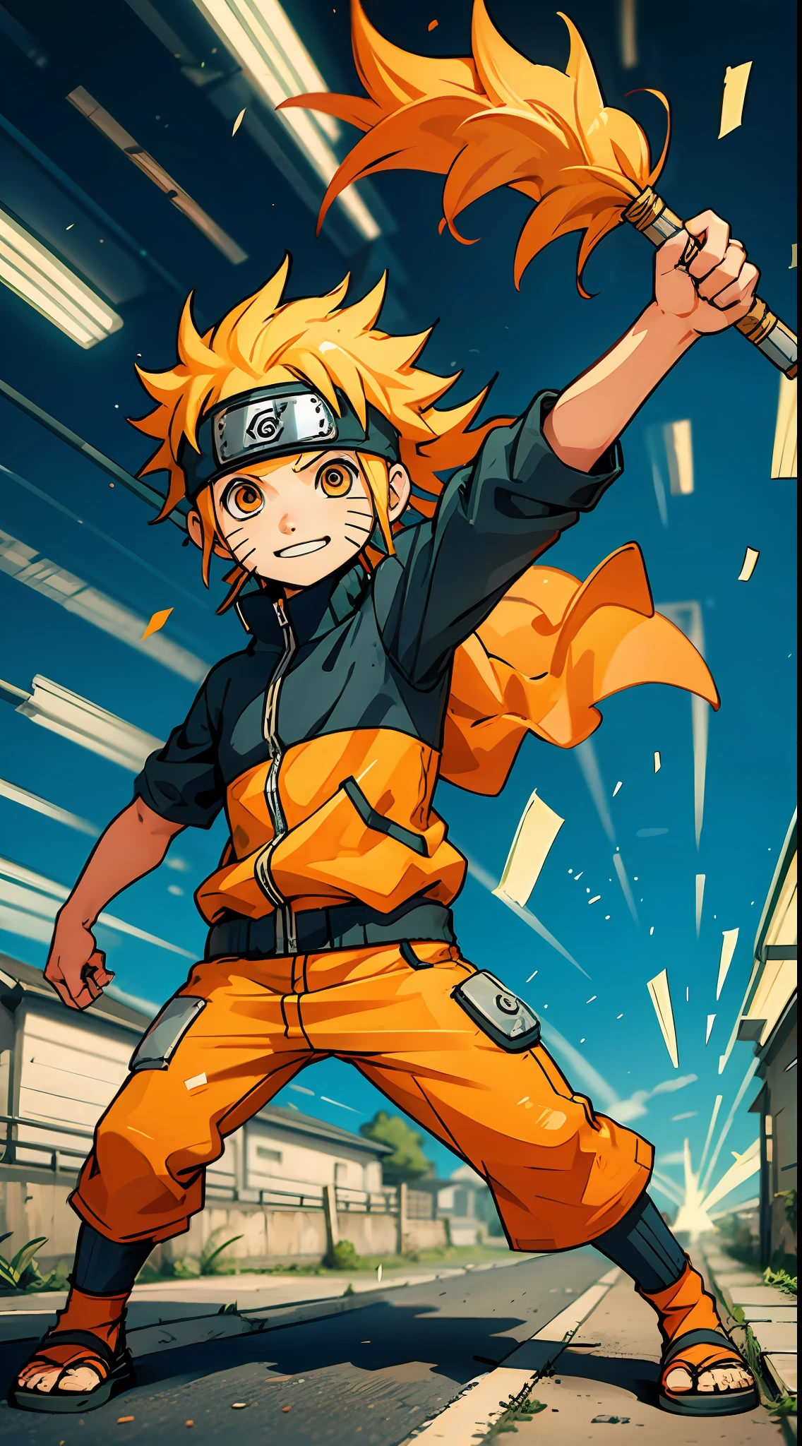 "An adorable chibi-style Naruto character, adoptar una pose dinámica mientras camina por las calles del pueblo, y mirando directamente al espectador."