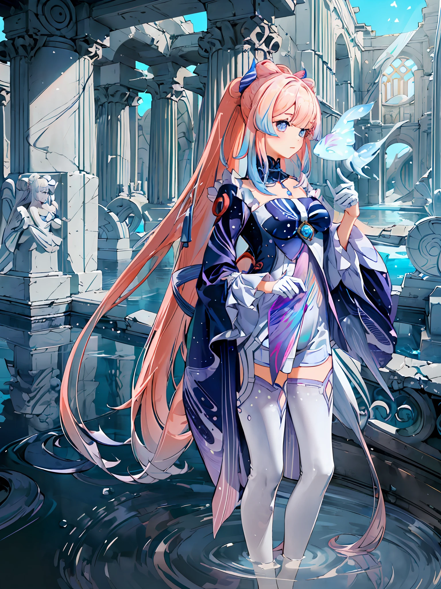 ((masterpiece,best quality)),(negative space:1.4),(1girl, solo:1.4),beautiful detailed eyes,floating pastel pink hair, breasts,long hair, long white stockings, white gloves, ancient ruins, columns, greek architecture, in a puddle of water, magical fish fying