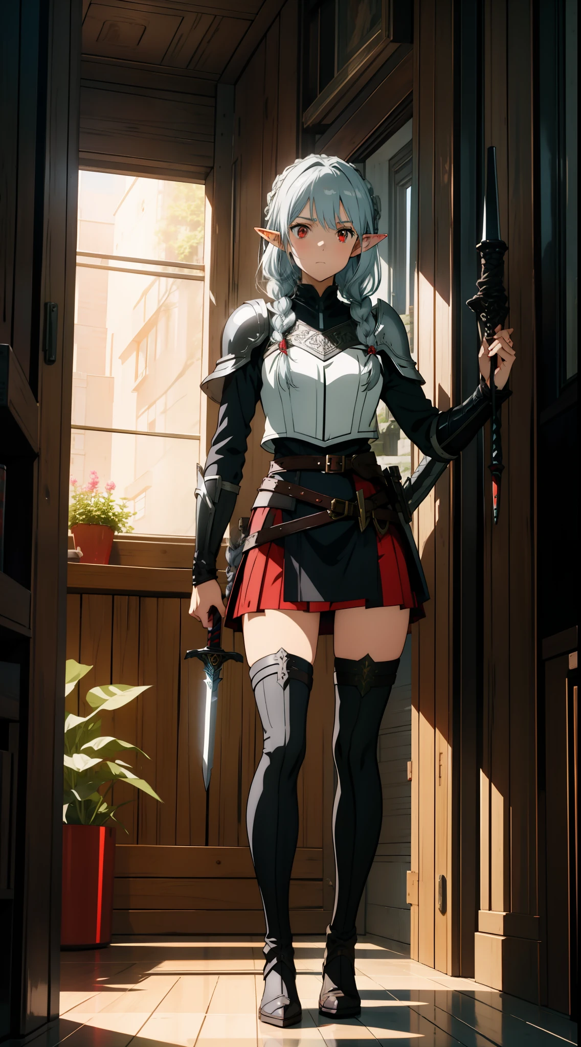 1 girl, elf, silver hair, braid, red eyes, holding a sword, leather armor, adventurer-style costume, miniskirt, concept art, beautiful anime scene, beautiful anime scenery, top rating on pixiv, highest quality, 4K