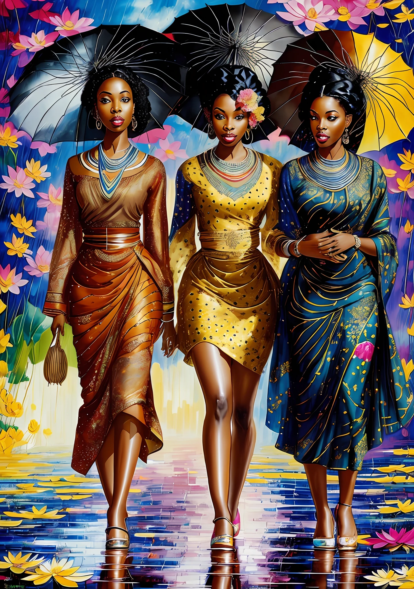 three black women in African clothes, with umbrellas walking in the rain with lotus flowers, beautiful painting of friends, beautiful women, by Charles Roka, inspiring art, beautiful painting, elegant oil painting, standing gracefully on a lotus, beautiful girls, art painting, beautiful painting, colorful oil painting, beautiful art, goddesses, oil art, intricate oil painting,  beautiful artwork, high definition, 4K --auto --s2