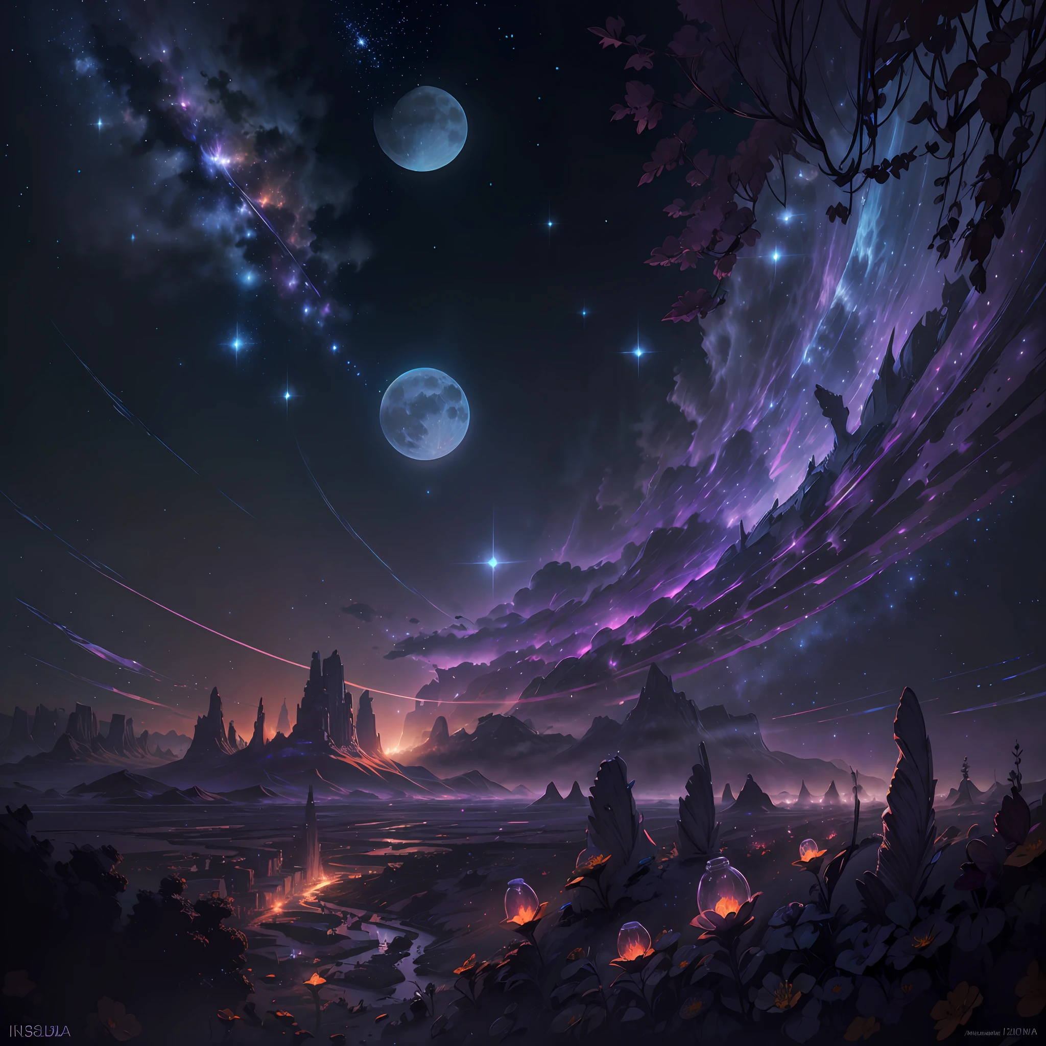 expansive landscape photograph , (a view from below that shows sky above and open field below), a girl standing on flower field looking up, (full moon:1.2), ( shooting stars:0.9), (nebula:1.3), distant mountain, tree BREAK
production art, (warm light source:1.2), (Firefly:1.2), lamp, lot of purple and orange, intricate details, volumetric lighting, realism BREAK
(masterpiece:1.2), (best quality), 4k, ultra-detailed, (dynamic composition:1.4), highly detailed, colorful details,( iridescent colors:1.2), (glowing lighting, atmospheric lighting), dreamy, magical, (solo:1.2) --auto --s2