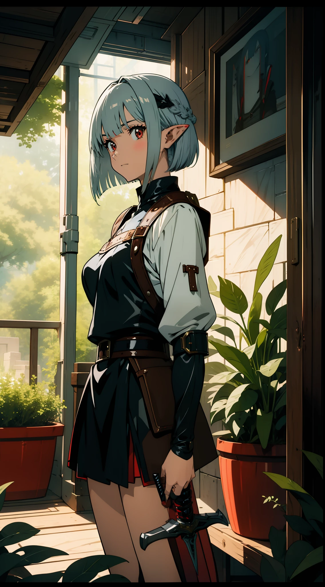 1 girl, elf, silver hair, bob cut, braid, red eyes, holding a sword, leather armor, adventurer-style costume, miniskirt, concept art, beautiful anime scene, beautiful anime scenery, top rating on pixiv, top quality, 4K