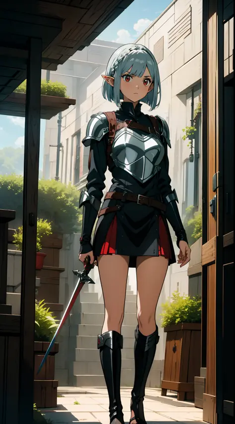 1 girl, elf, silver hair, bob cut, braid, red eyes, holding a sword, leather armor, adventurer-style costume, miniskirt, concept...