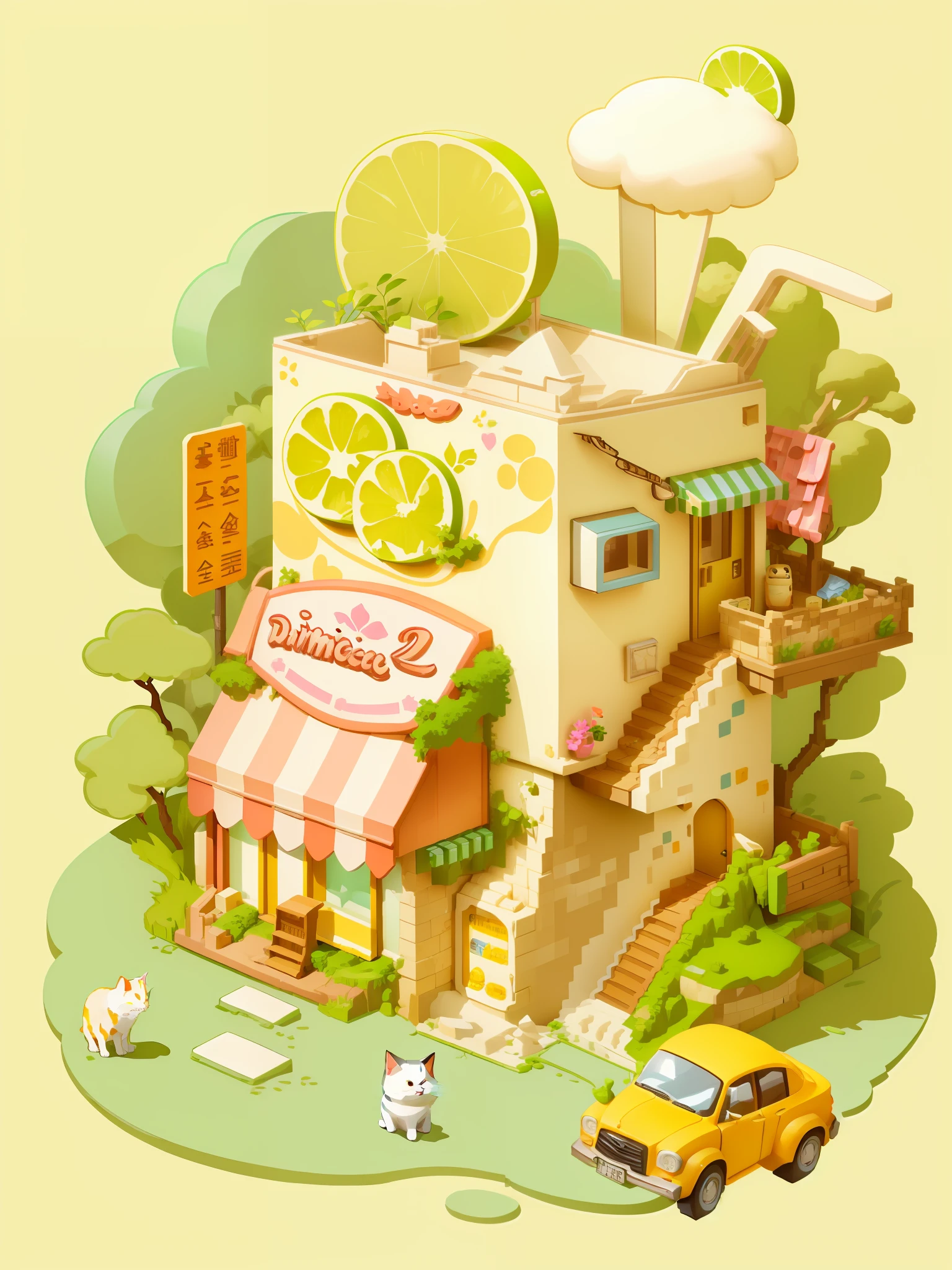 Masterpiece, best quality, cartoon, 3D, illustration of a cat on it, small shop of a building and car with the exterior of lemon yogurt pack, three-story with roof, cute detailed digital art, inspired by Yanagawa Shinda, cute illustration, isometric illustration fun, isometric game art, isometric 2D game art, isometric illustration, detailed game art, isometric art, detailed 2D illustration, pixel art isometric drawing,