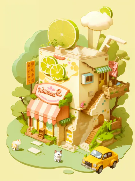Masterpiece, best quality, cartoon, 3D, illustration of a cat on it, small shop of a building and car with the exterior of lemon...