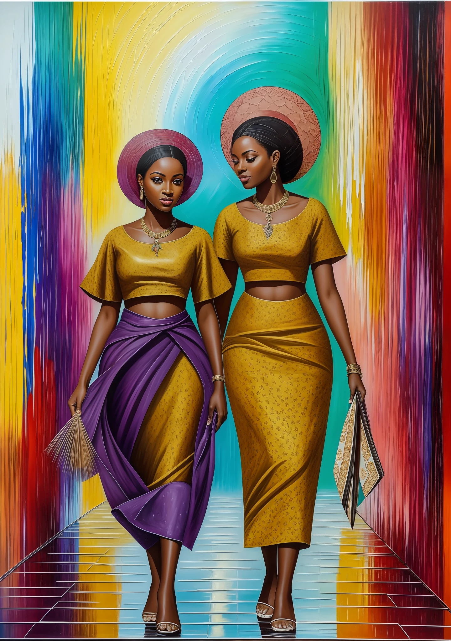 three black women in African clothes, walking in the rain with lotus flowers, beautiful painting of friends, beautiful women, by Charles Roka, inspiring art, beautiful painting, elegant oil painting, standing gracefully on a lotus, beautiful girls, artistic painting, beautiful painting, colorful oil painting, beautiful art, goddesses, oil art, intricate oil painting,  beautiful artwork, high definition, 4K --auto --s2