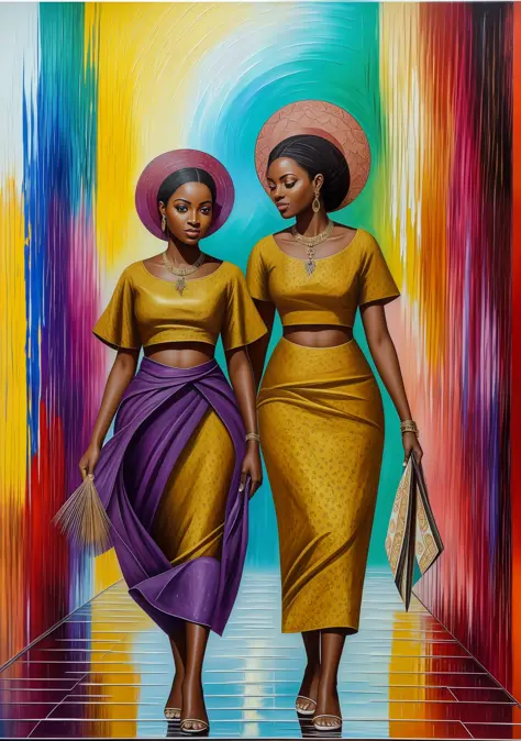 three black women in African clothes, walking in the rain with lotus flowers, beautiful painting of friends, beautiful women, by...