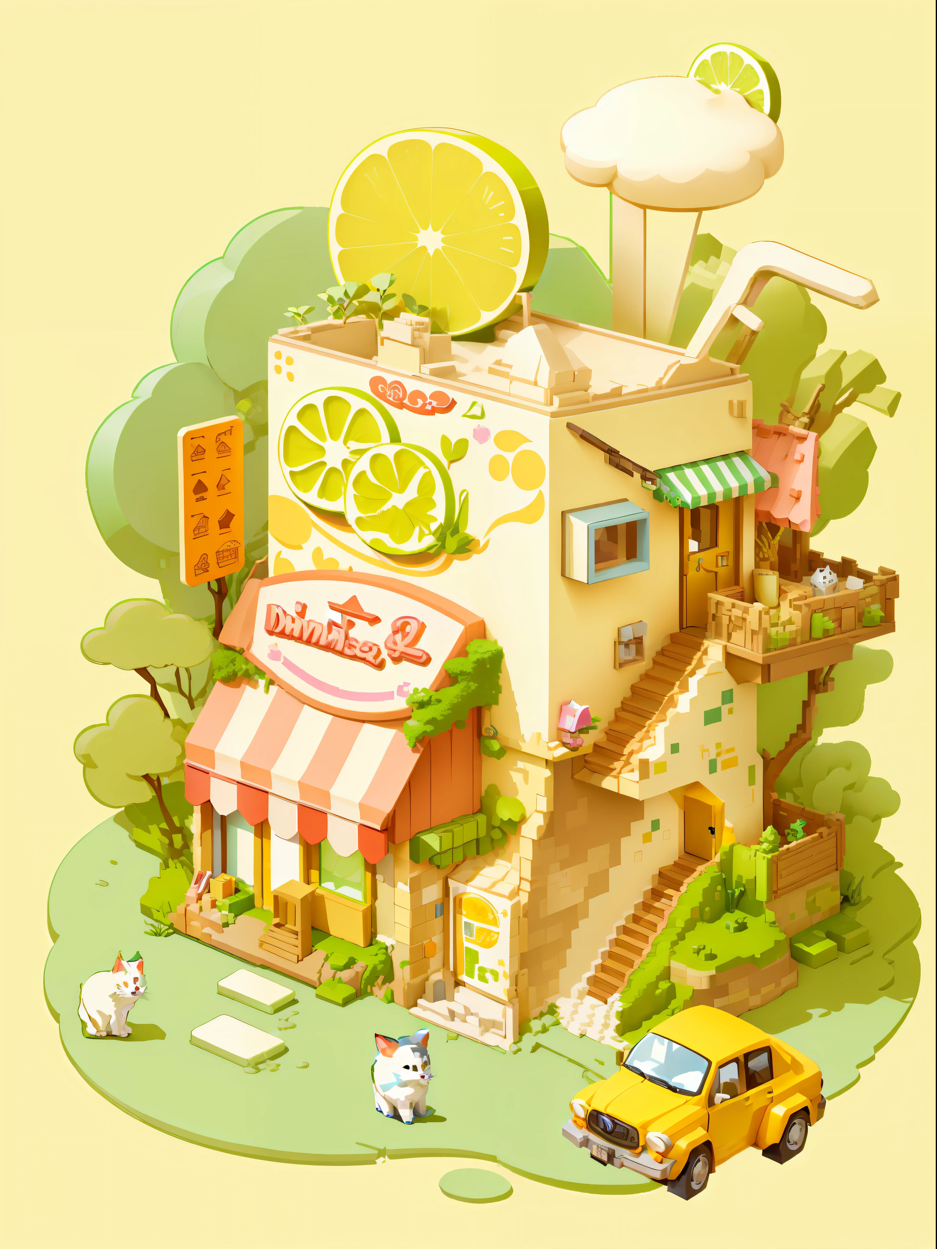 Masterpiece, best quality, cartoon, 3D, illustration of a cat on it, small shop of a building and car with the exterior of lemon yogurt pack, three-story with roof, cute detailed digital art, inspired by Yanagawa Shinda, cute illustration, isometric illustration fun, isometric game art, isometric 2D game art, isometric illustration, detailed game art, isometric art, detailed 2D illustration, pixel art isometric drawing,