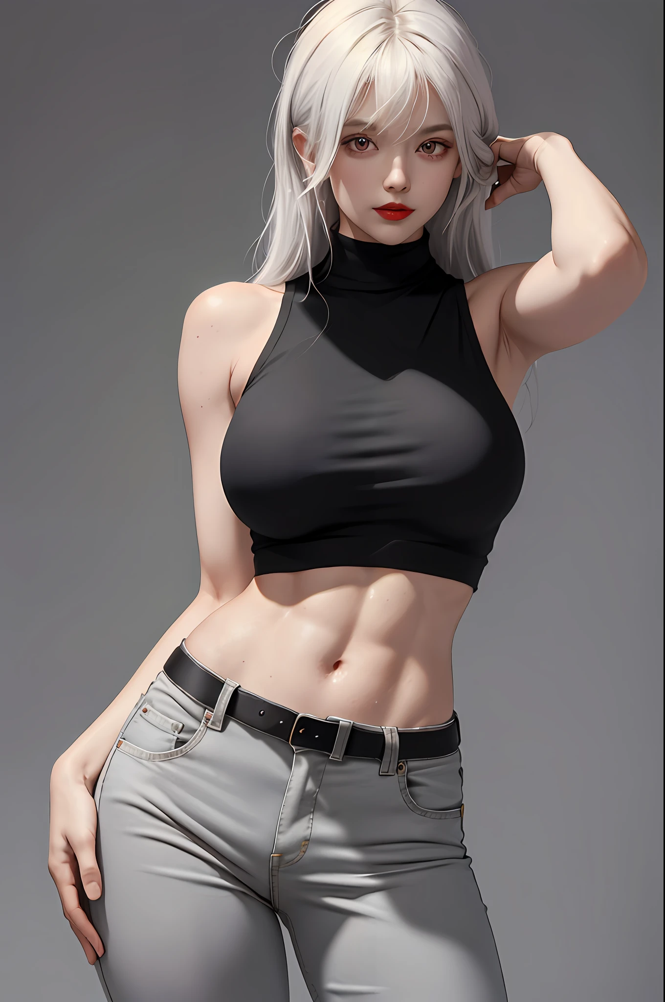 Girls, Bangs, Bare Shoulders, Black Pants, Breasts, Breasts squeezed together, Grey background, Hair between the eyes, Huge breasts, Long hair, View Viewer, Pants, Parted lips, Red eyes, Shirt, Simple background, Sleeveless, Sleeveless shirt, Solo, Turtleneck, V arm, White hair,(Shiny skin),(Masterpiece:1.4),(Best quality:1.4),,Facigirl,Red lips,Perfect abs, Navel, (nipple: 1.5), (sheer areola), nipple, huge, sweat, whole body