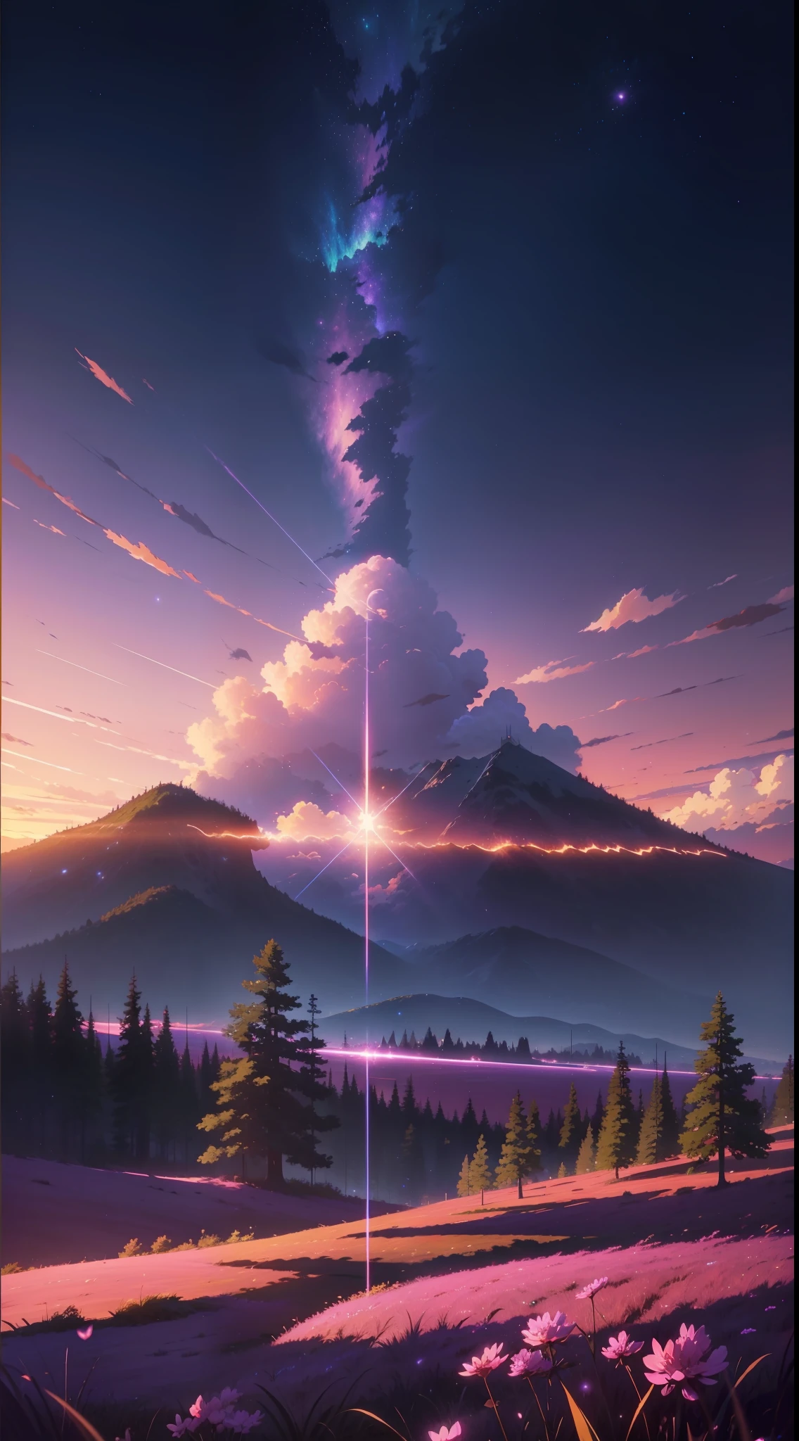 A imagem é brilhante e bem iluminada. sem humanos. (((Estilo Makoto Shinkai)),PIXIV,Desenho de anime,alta qualidade,céu rosa roxo,bela cena),(universo,passagem de trem,realismo mágico,((Estilo Makoto Shinkai)) ::0.8), [Artistic atmosfera, atmosfera:0.8, Céu estrelado, colinas, montanha de neve, água com gás, grama, árvores, fumaça, estrelas, Baixo ângulo de visão, Dispersão especular,