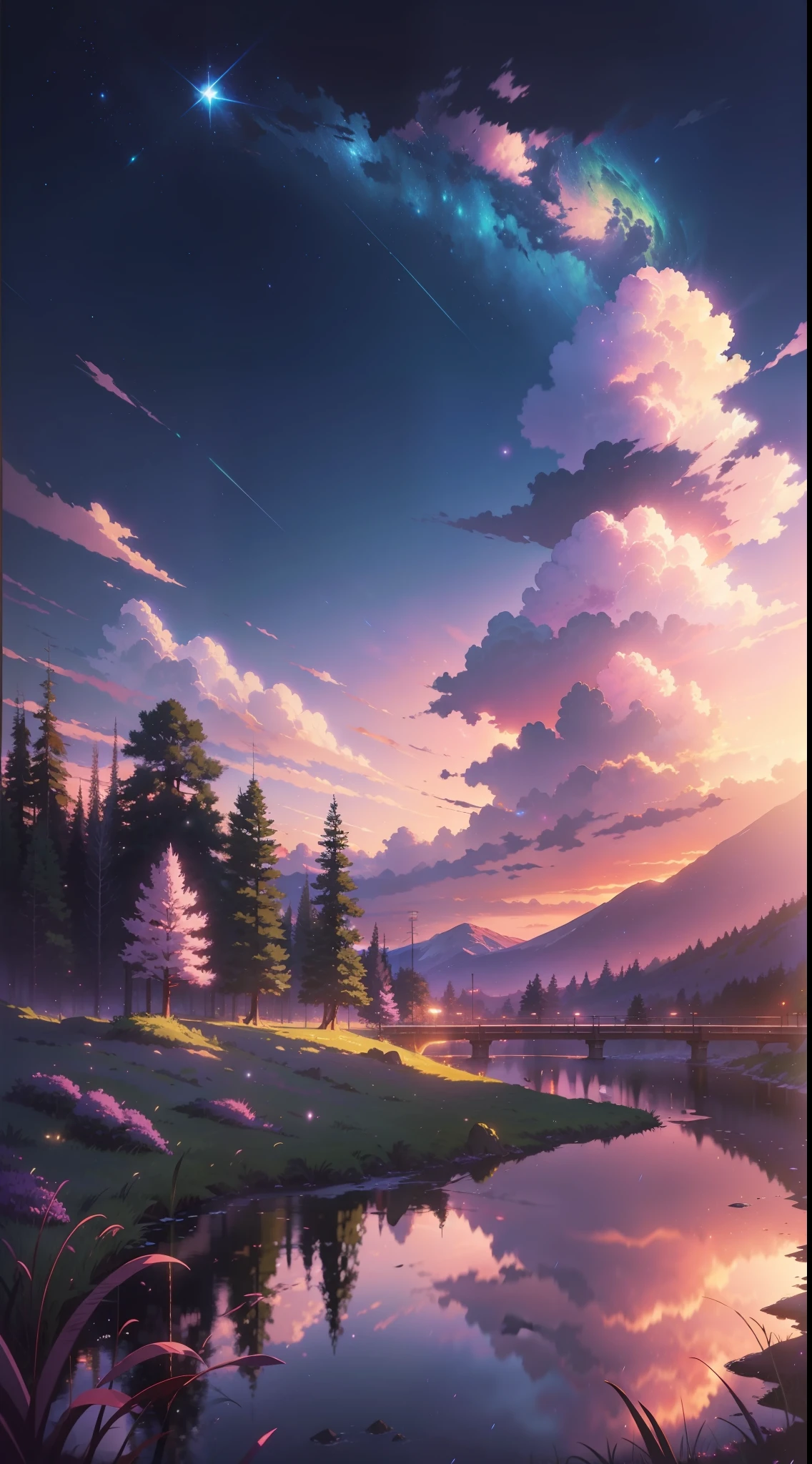 A imagem é brilhante e bem iluminada. sem humanos. (((Estilo Makoto Shinkai)),PIXIV,Desenho de anime,alta qualidade,céu rosa roxo,bela cena),(universo,passagem de trem,realismo mágico,((Estilo Makoto Shinkai)) ::0.8), [Artistic atmosfera, atmosfera:0.8, Céu estrelado, colinas, montanha de neve, água com gás, grama, árvores, fumaça, estrelas, Baixo ângulo de visão, Dispersão especular,