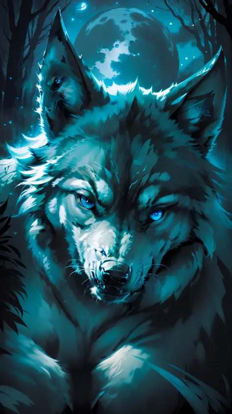 (masterpiece detailed high image quality) "black color with blue eyes" wolf dangerous forest, midnight, full moon. 1 solo lobe. ...