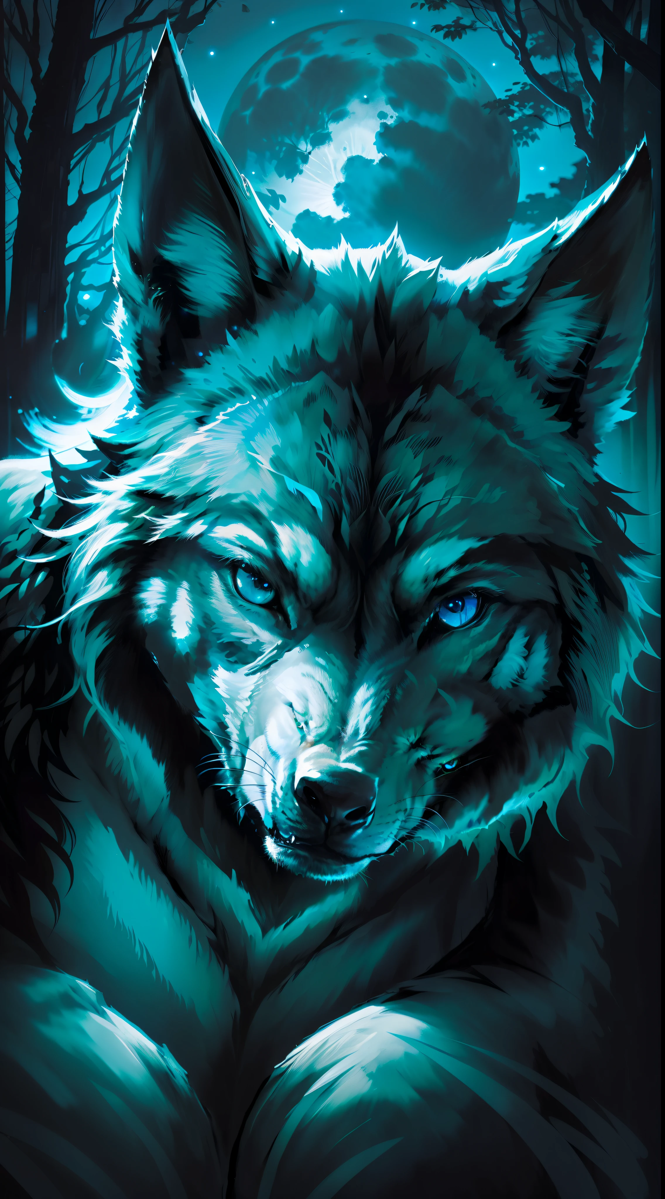 (Masterpiece detailed high image quality) "Black color with blue eyes" wolf dangerous forest, midnight, full moon. 1 solo lobe. ( Front angle of image) ( open image) black wolf color.