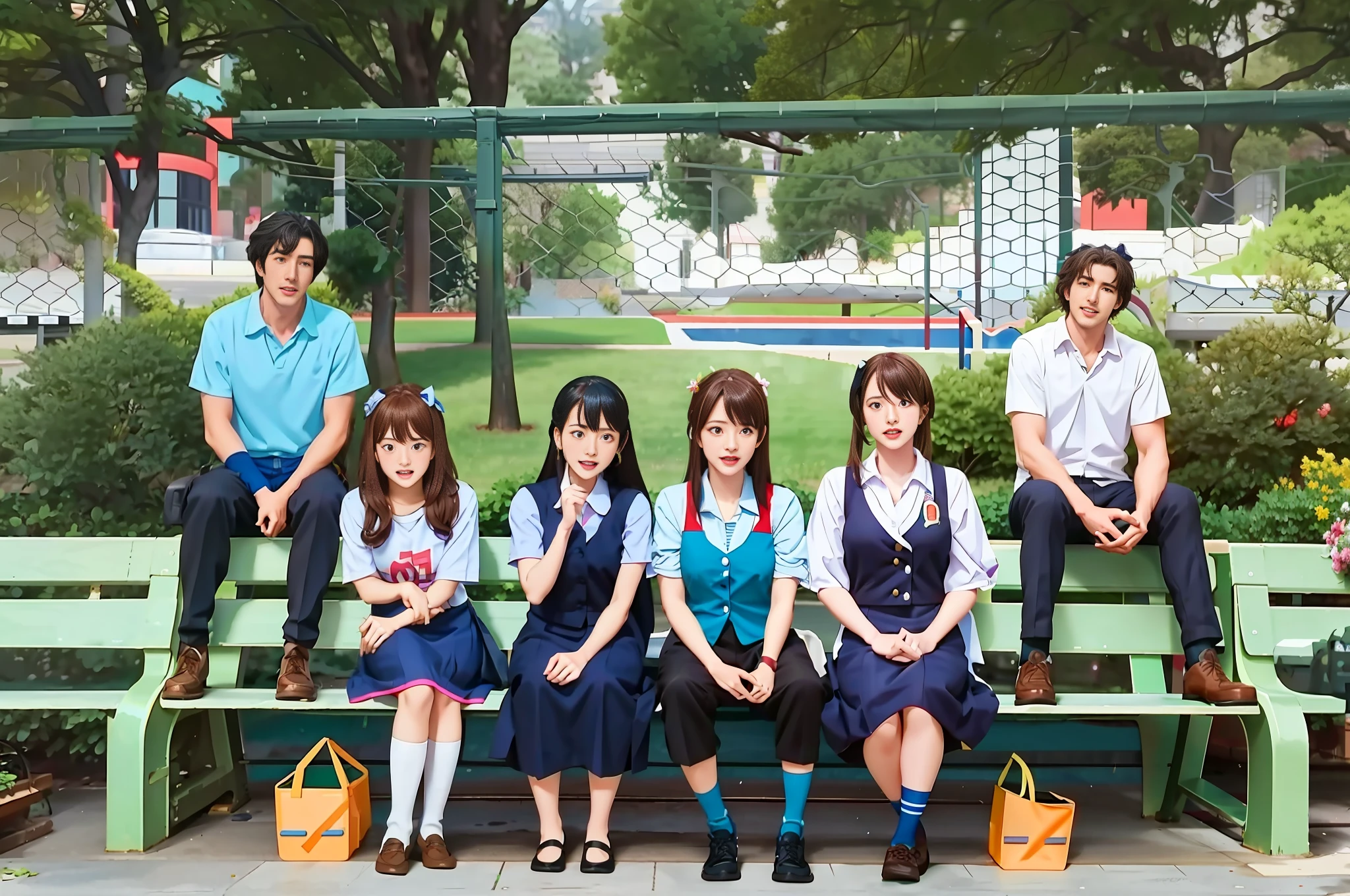 There is a group of people sitting on benches in the park, movie promotional images, Kyoto animation, Kyoto animation, Kyoto anime stills, Nagatoro, Japanese live-action film, anime stills Shiki, life clip anime, very-high budget - animated film, scenes from live-action movies, high-budget anime movies, multicolored hair, long hair, hair bow, Futurism, American propaganda poster, ray tracing, UHD, masterpiece, anatomically correct, textured skin, high details, high quality, highres, best quality