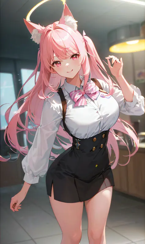 (((Masterpiece, Excellent)), (()), light pink hair, halo, trumpet, ((office lady)), bangs, busty, slim, smile, [wide buttocks], ...