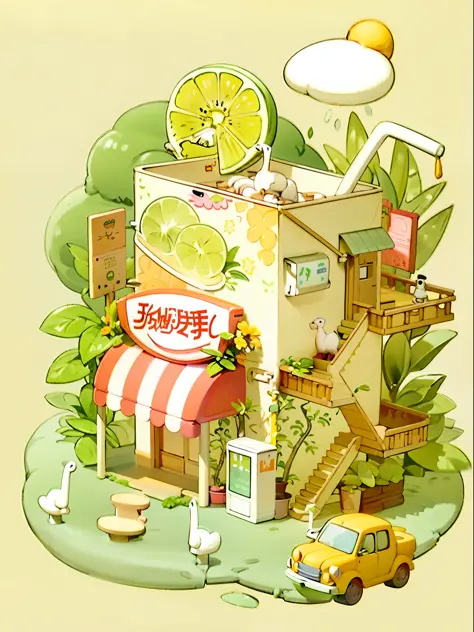 Masterpiece, best quality, cartoon, 3D, illustration of a cat on it, small shop of a building and car with the exterior of lemon yogurt pack, three-story with roof, cute detailed digital art, inspired by Yanagawa Shinda, cute illustration, isometric illust...