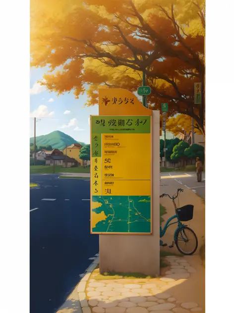 Real, real, beautiful and amazing landscape oil painting Ghibli Studio Miyazaki roadside sign, street print poster, warm sunshine, poster, outdoors, by lee jae, sunny, handmade, map --v6