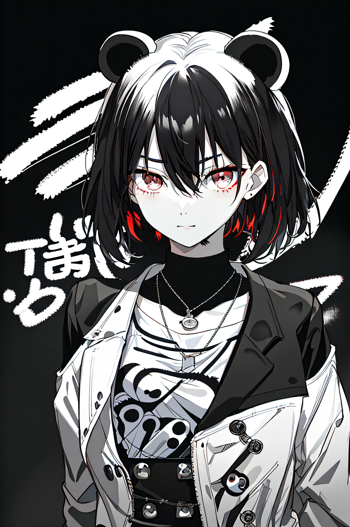 Anime girl with black hair and red eyes in black and white photo, portrait Gapmoe Yandere Grimdark, with panda pendant, panda element, anime style 4 K, Akane Owari Danganronp, (anime girl), Gapmoe Yandere Grimdark, anime visual of a cute girl, 1 7 years old - anime gothic girl, anime moe art style, badass anime 8 K