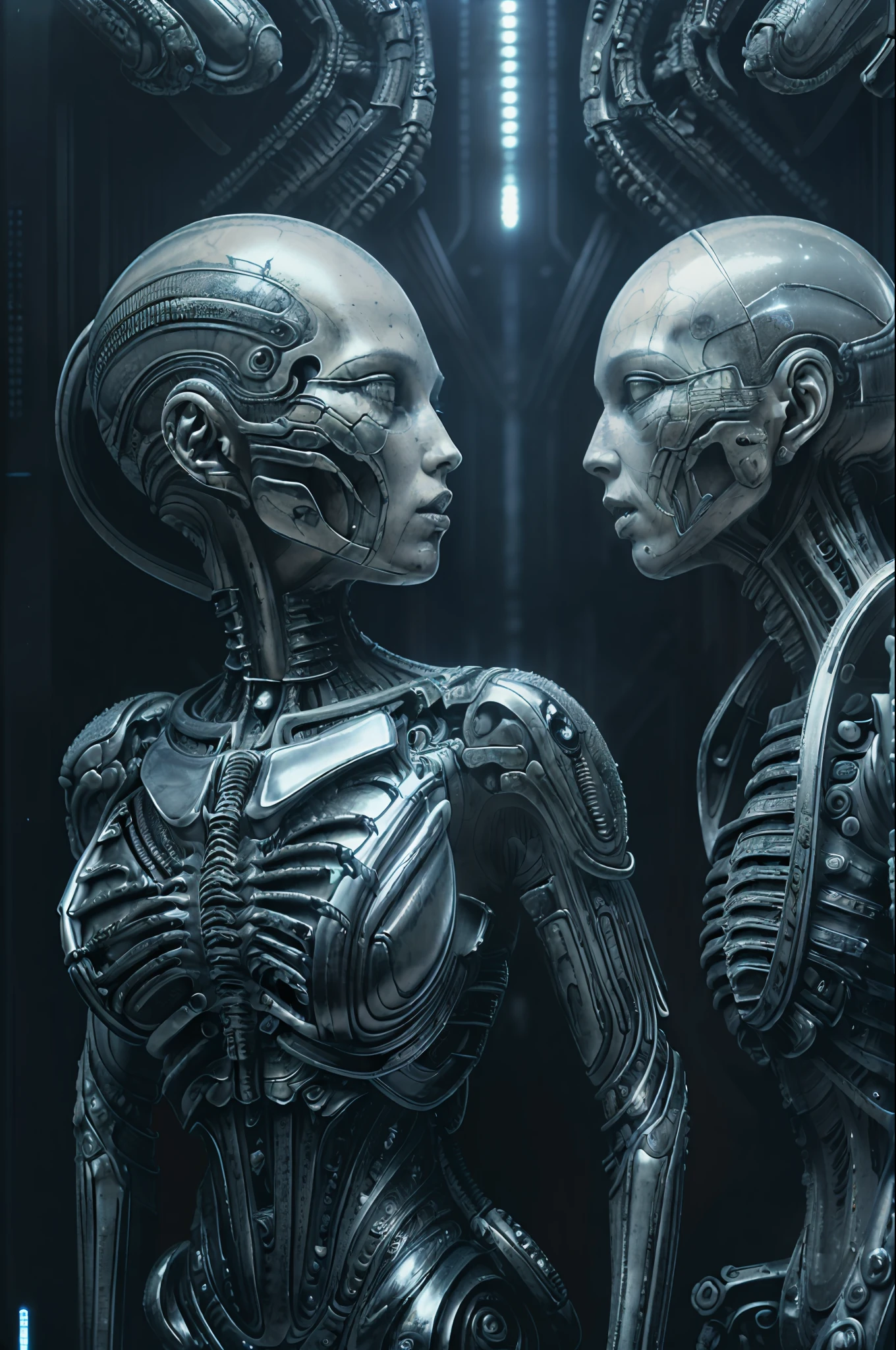 Two humanoids facing each other in a dark room - SeaArt AI