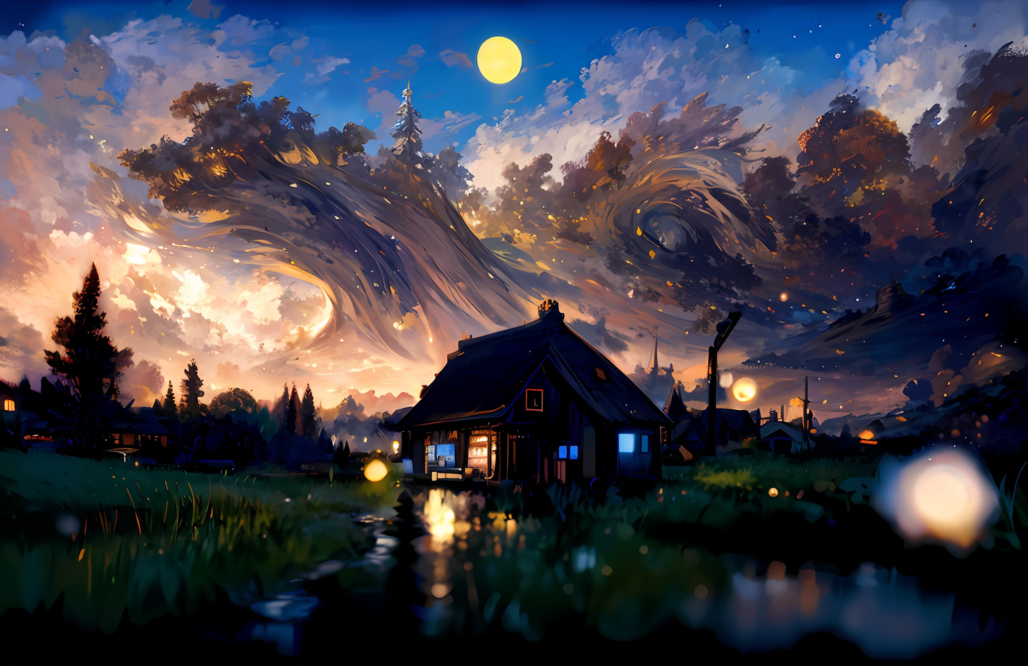 cuadro de una casa en un campo con la luna llena de fondo, Arte digital 4k muy detallado, pintura digital muy detallada, pintura detallada 4k, pintura digital muy detallada, hermoso arte uhd 4k, noche tranquila. Ilustración Digital, pintura digital de ensueño, impresionante estilo artístico, Arte digital detallado 4k, pintura digital muy detallada, Fondo de pantalla de arte anime 4k --auto --s2