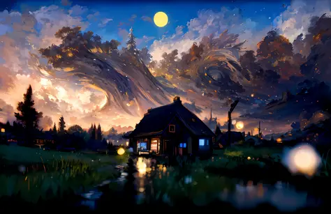painting of a house in a field with a full moon in the background, 4k highly detailed digital art, highly detailed digital painting, detailed painting 4 k, digital painting highly detailed, beautiful art uhd 4 k, calm night. digital illustration, dreamlike...