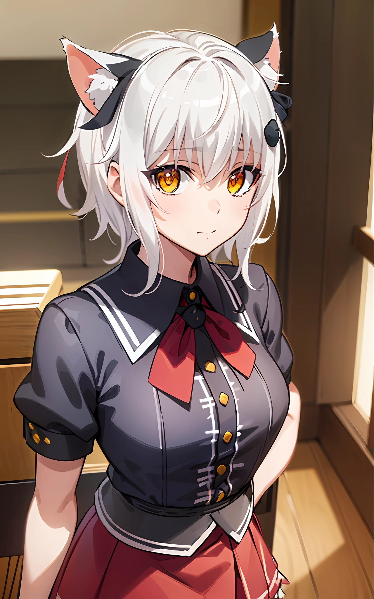 best quality, (masterpiece:1.2), highly detailed, standing, school, indoors, cat ears, 1girl, solo, tojou koneko, looking at the viewer, closed mouth, slight smile, from above, yellow eyes, white hair, short hair, hair ornament, school uniform, stripped shirt, red skirt, black neck ribbon