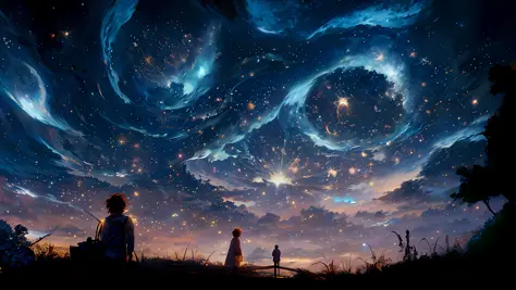 anime scene of a couple of people standing under a starr sky, 4k highly detailed digital art, beautiful art uhd 4 k, makoto shin...