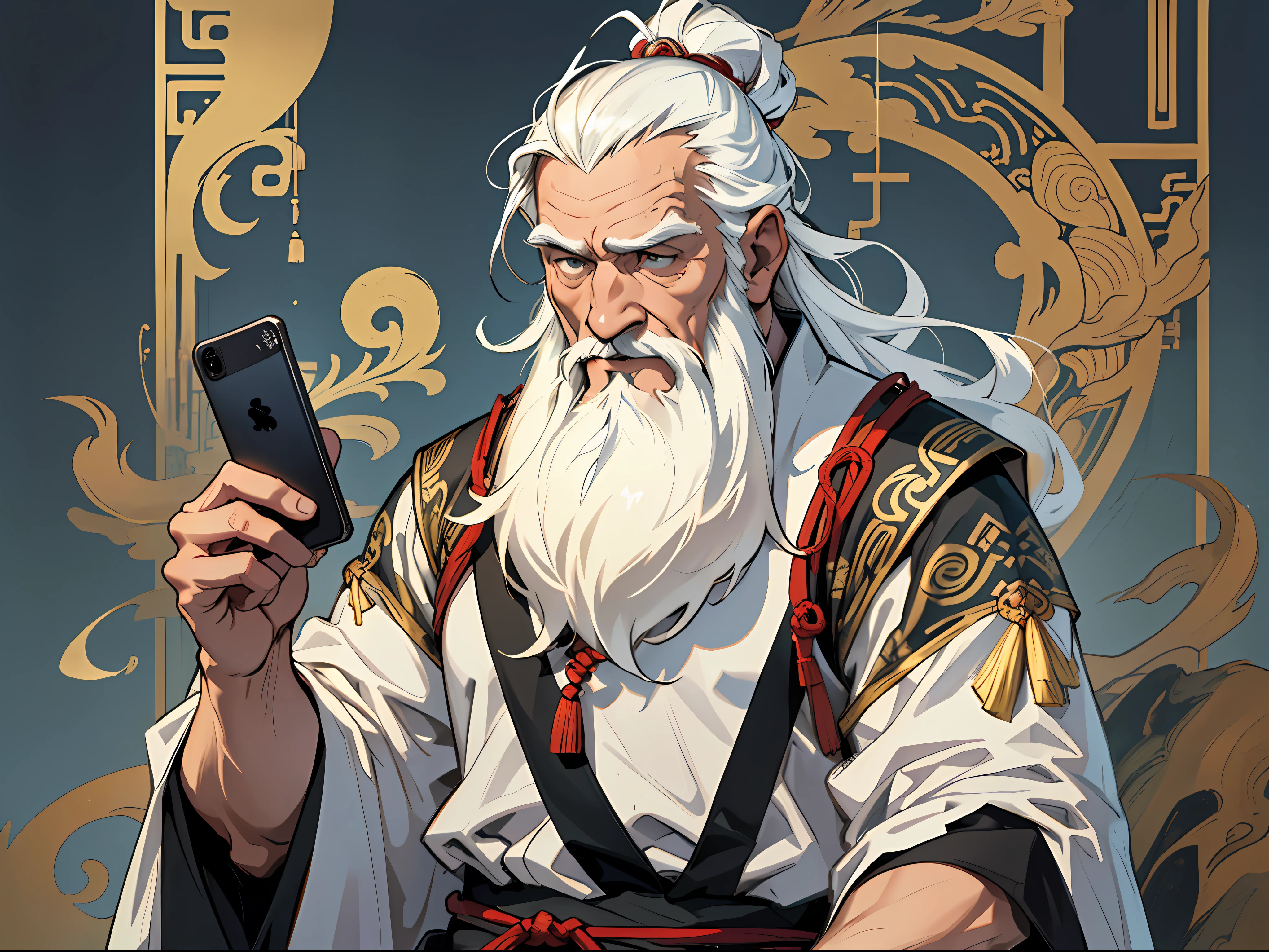 Best quality: 1.0), (super high resolution: 1.0), anime man, old man, thin, white long beard, ancient dress, Chinese Tang Dynasty dressup, holding a mobile phone to make a call,