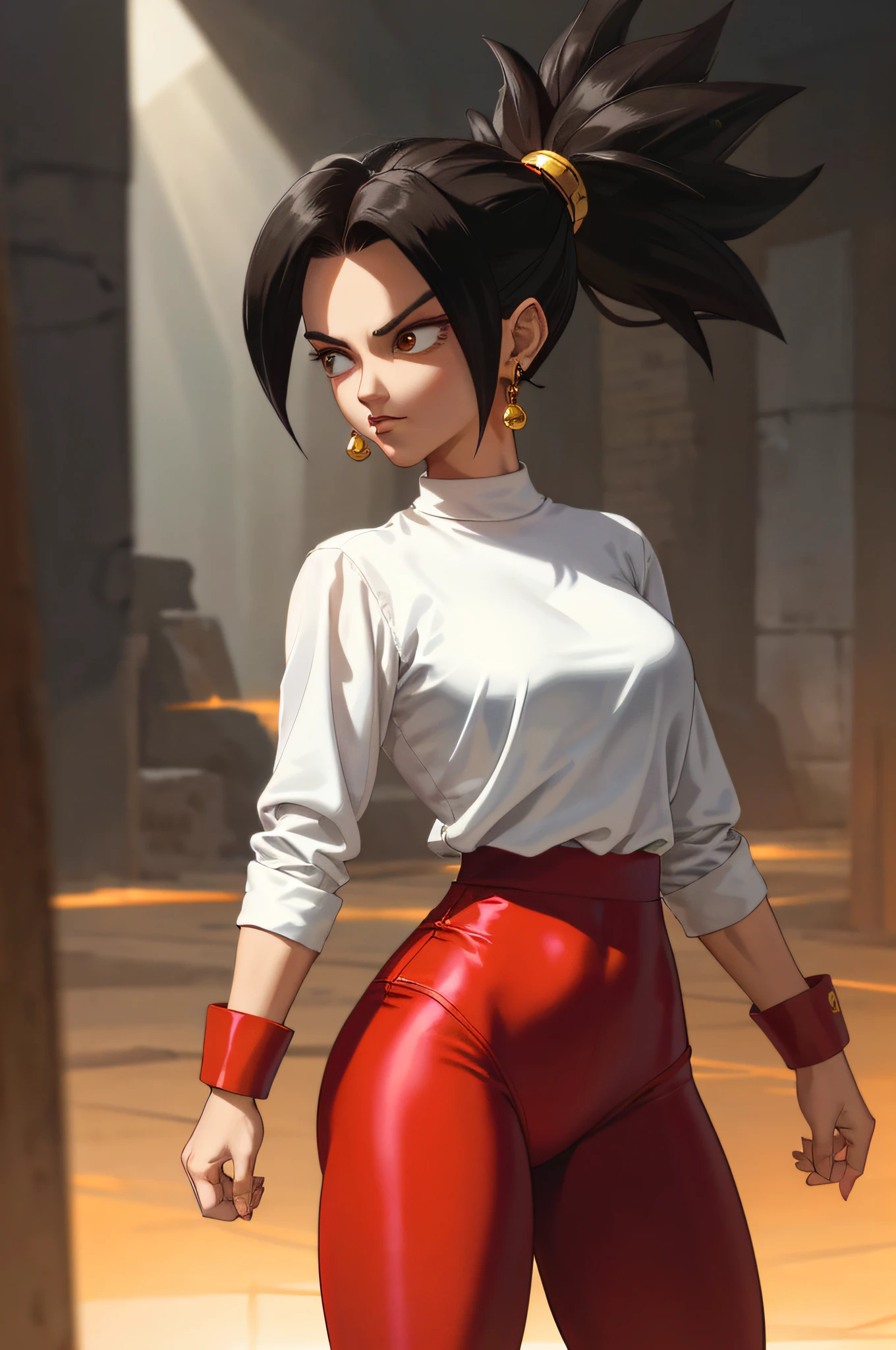 (best quality, masterpiece), black hair, brown earrings, not shiny red leggings, very wide white shirt not tight, toned, conceited, serious, fighting, kefla, backlight,