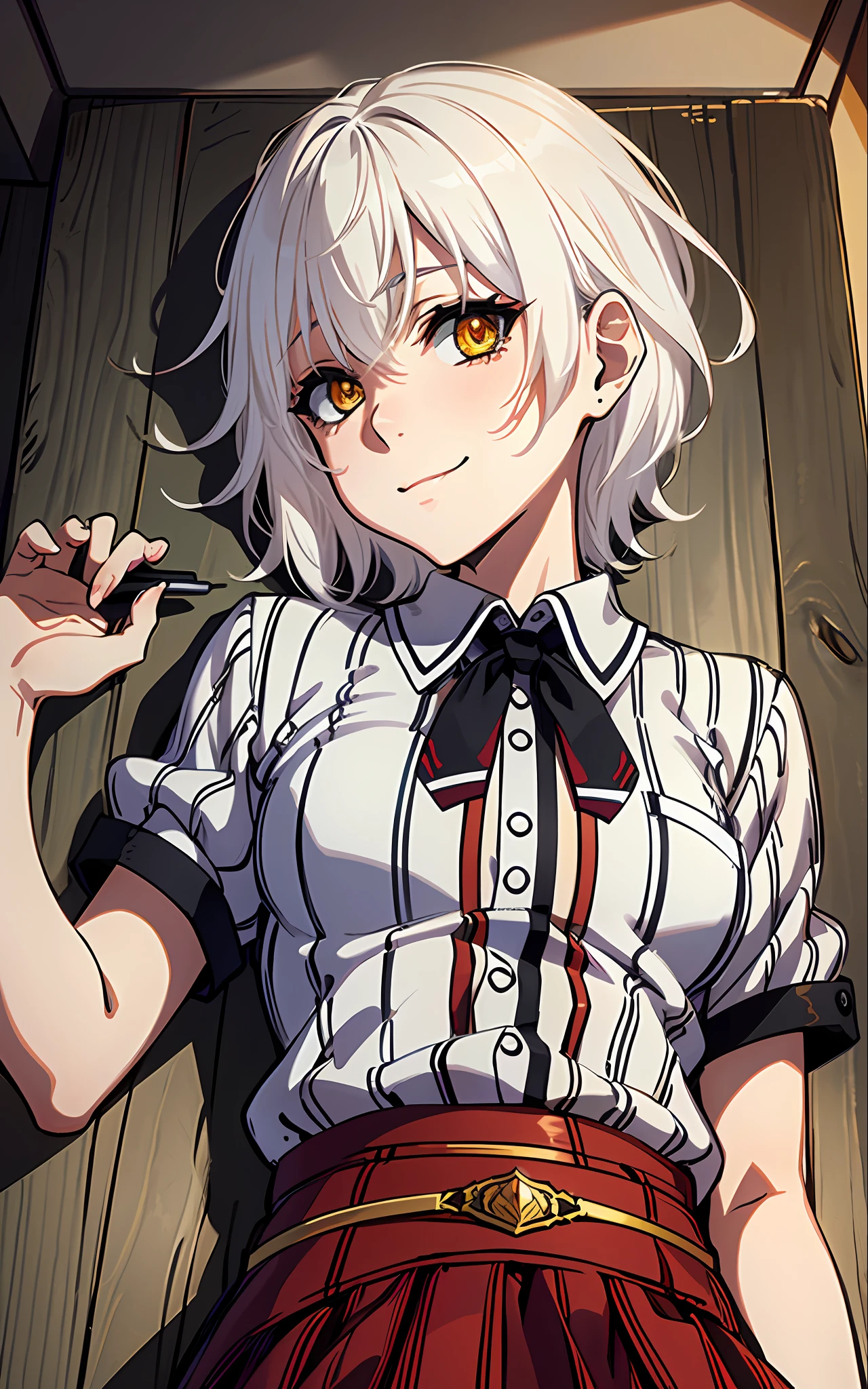 masterpiece, best quality, high definition, sad smile, horror highway night time, fractal art, lying on your back, looking at the viewer, tojo koneko, yellow eyes, white hair, short hair, hair decoration, school uniform, striped shirt, red skirt, black neckband