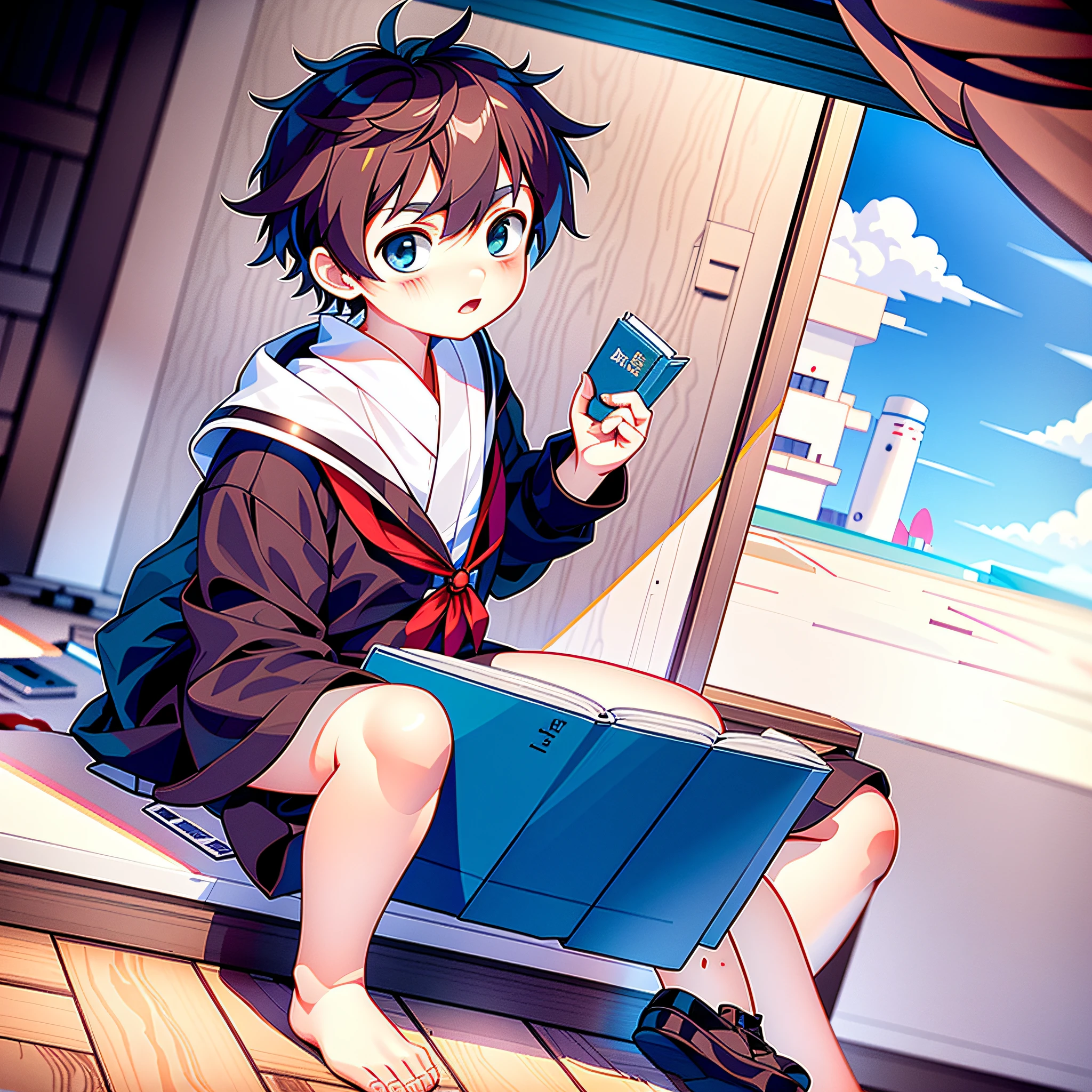 adolescente de anime sentado no parapeito de uma janela segurando um livro, palavras em kanji voando no ar, estilo de arte anime moe, Estilo de coleção Kantai, por Yuumei, makoto shinkai. renderização digital, por Kamagurka, Arte oficial, retrato de corpo inteiro de um curta!, makoto shinkai cyril rolando, no mar, Também, menino anime, konpeki no kantai