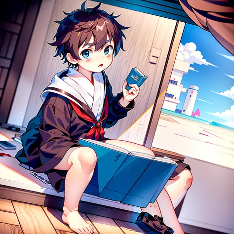 anime teenager sitting on a window sill holding a book, kanji words flying in the air, anime moe artstyle, kantai collection sty...
