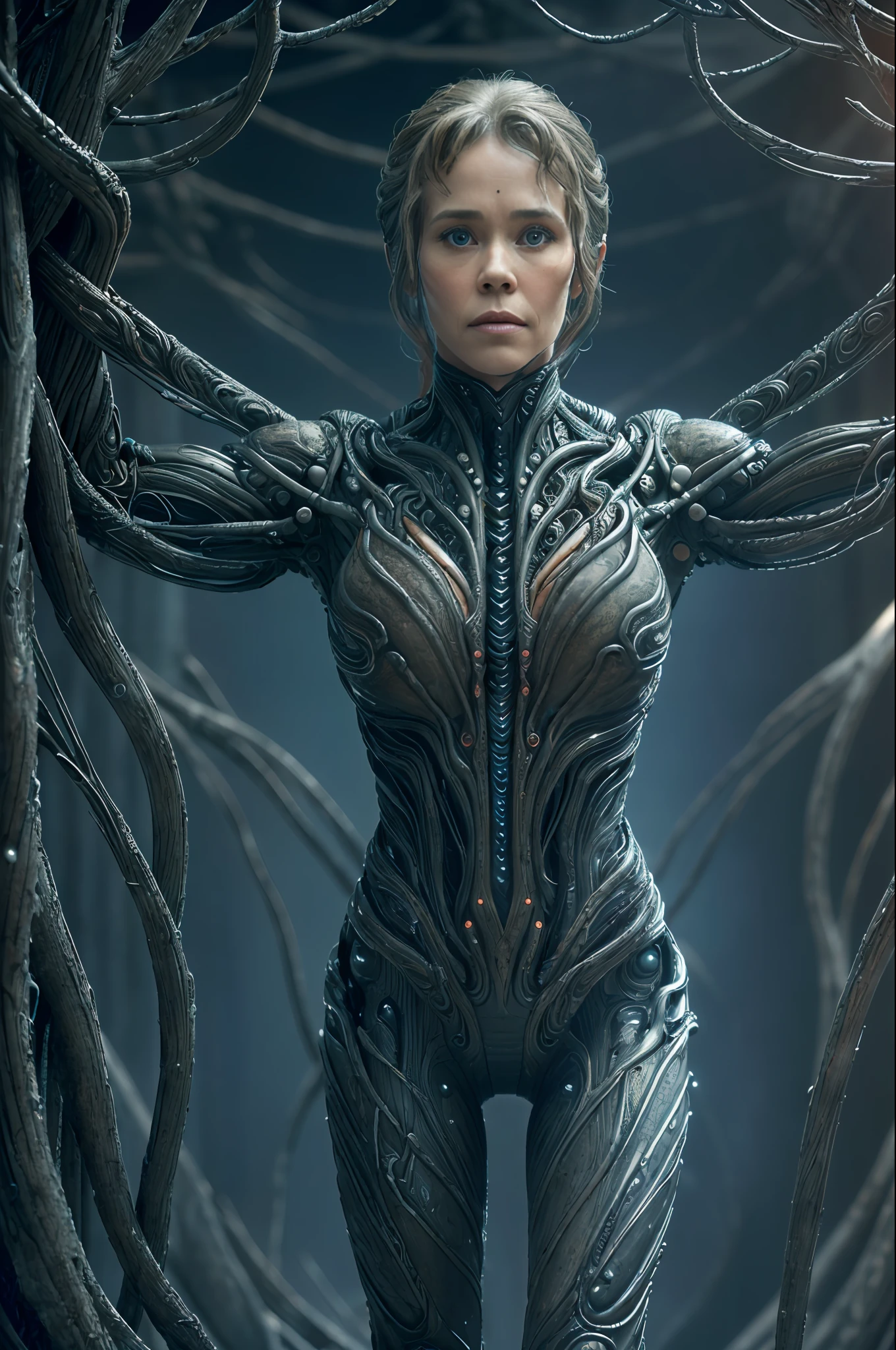 jane_fonda, (blood vessels connected to tubes),hairs connected to tubes, black tissues, 
((masterpiece),(best quality),(ultra-detailed),    
fantasy, sci-fi,  horror,   , aliens, glowing eyes, 
realistic, hnsrdlf style intricate biomechanical detail
masterpiece, award-winning photo, analog style, dark room, dim light