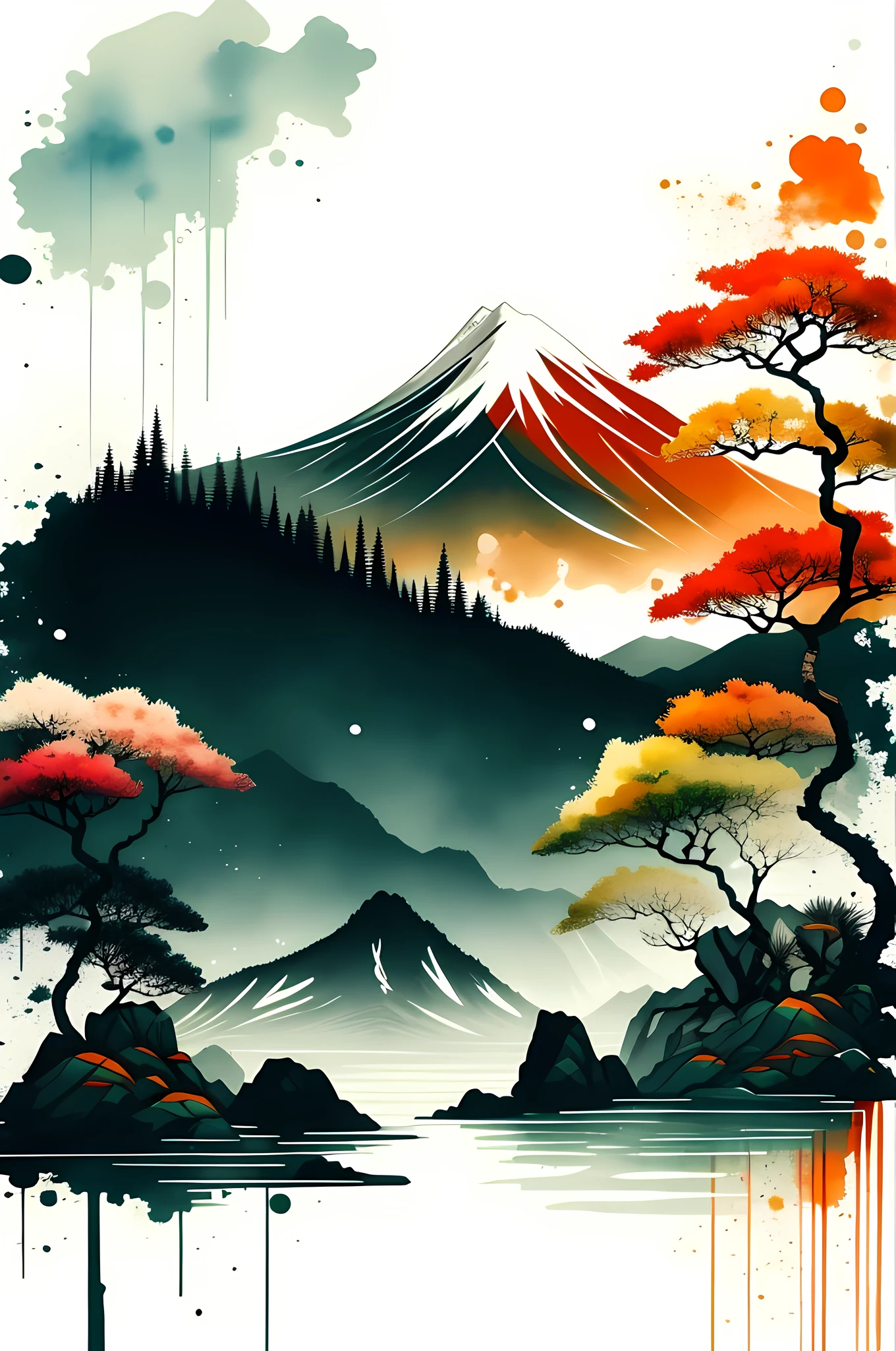 weißer Hintergrund, Landschaft, malen, Berge, Wasser, Bäume, orange and green Wassercolor style