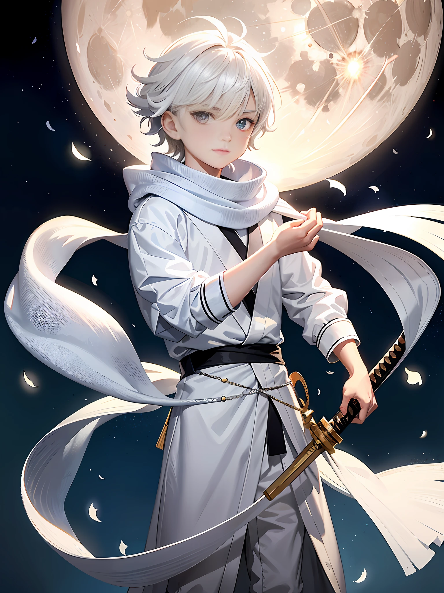 白い髪と銀色の目をした8歳の男の子, 氷の魔法を使った優れた戦闘スキルで知られています. 彼は満月の光のような白い服を着ており、首に長いスカーフを巻いています, さらに、彼は腰の右側に持っている月の女神の祝福を受けた刀も持っています