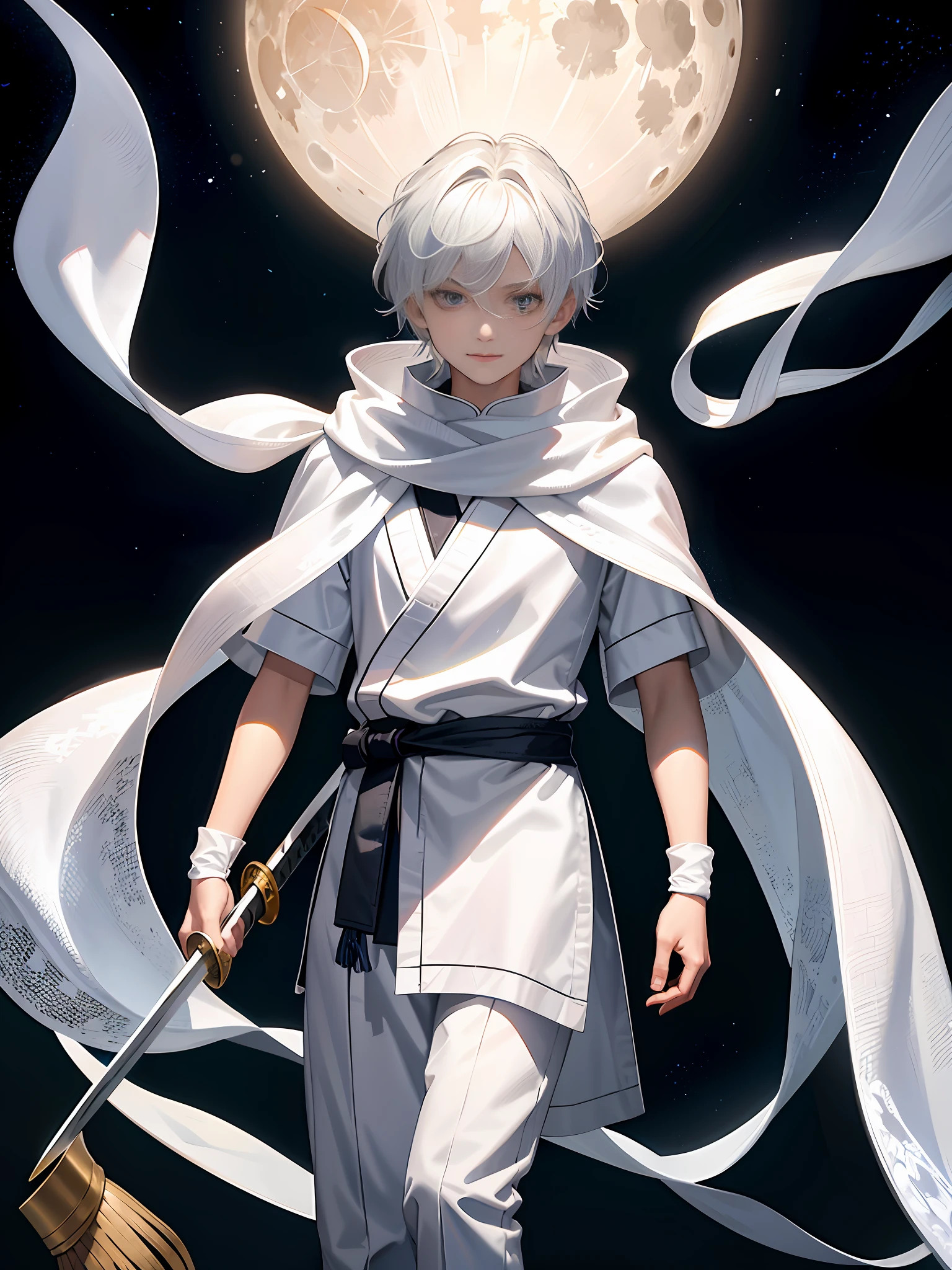 An 8-year-old boy with white hair and silver eyes, known for having great combat skills with ice magic. He wears white clothes like the light of the full moon with a long scarf around his neck, in addition he also carries a katana with the blessing of the moon goddess that he carries on the right side of his waist