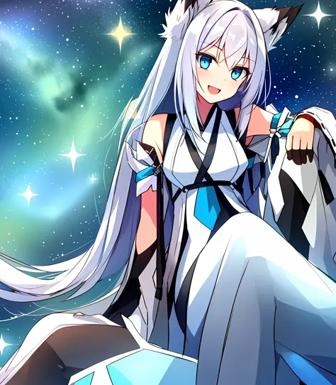 1 girl, furry woman, white fox, masterpiece, light blue eyes, light smile, open mouth, starry sky, sitting,\: