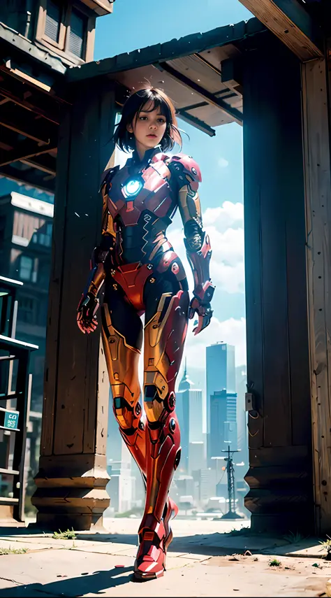 araffed woman in a suit of iron man standing in front of a building, iron man, like ironman, cyberpunk iron man, ironman, hq 4k wallpaper, emma watson as iron man, cinematic body shot, cinematic full body shot, hero pose colorful city lighting, marvel styl...