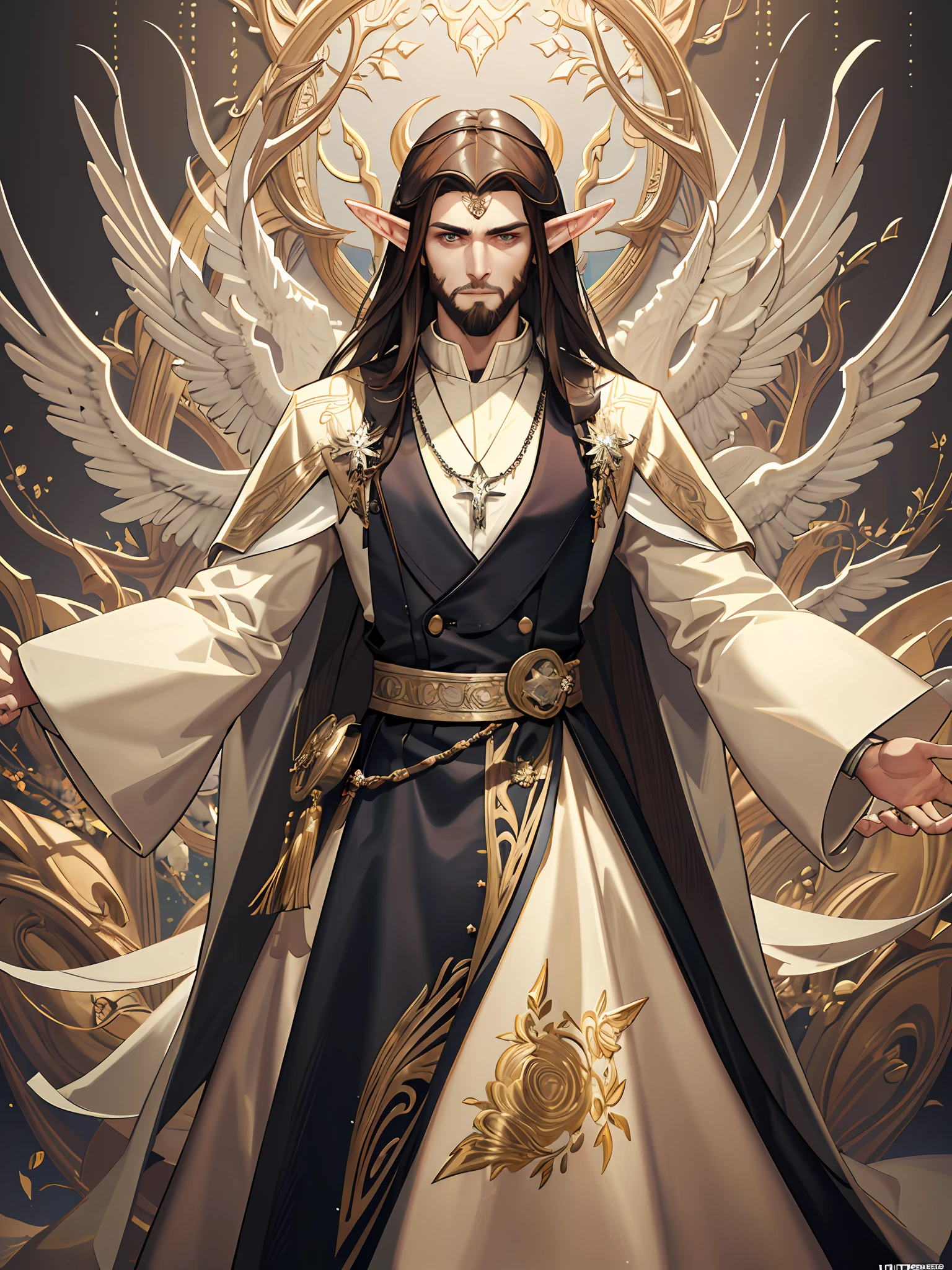 ((((masterpiece+best quality+ultra-detailed+8k wallpaper+best illustration)))), elven manly man, strong face, low beard, short brown hair, delicate pendant, unique necklace, sparkling Embellished with diamonds, elven outfit + master-level fashion design is well adapted and elegant, radiant and dreamy colors, luminous effects, high quality, the environment around the characters secretly triggers the mysterious and dreamy atmosphere of the Characters.