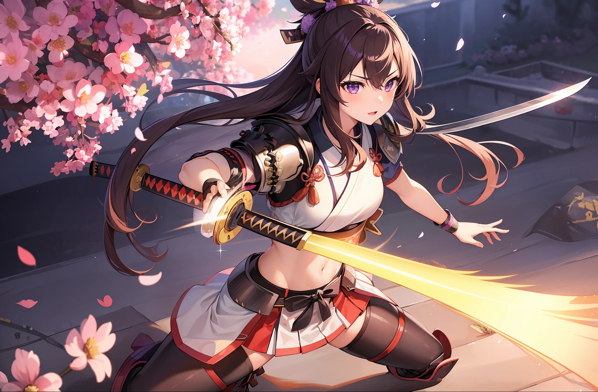 1 girl, solo, Kisaragi from Kancolle, (((samurai armor))), standing, fighting stance, sword strike, katana, detailed eyes, sparkling eyes, masterpiece, best quality, full body, midriff, purple eyes, shiny brown hair, purple flower in hair, tall, long hair, straight hair, hair between eyes,