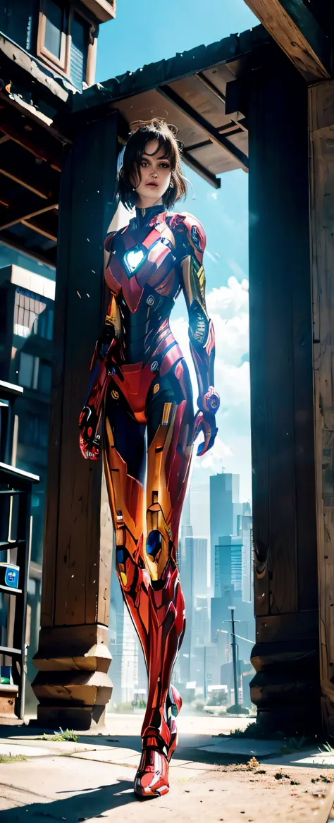 araffed woman in a suit of iron man standing in front of a building, iron man, like ironman, cyberpunk iron man, ironman, hq 4k wallpaper, emma watson as iron man, cinematic body shot, cinematic full body shot, hero pose colorful city lighting, marvel styl...